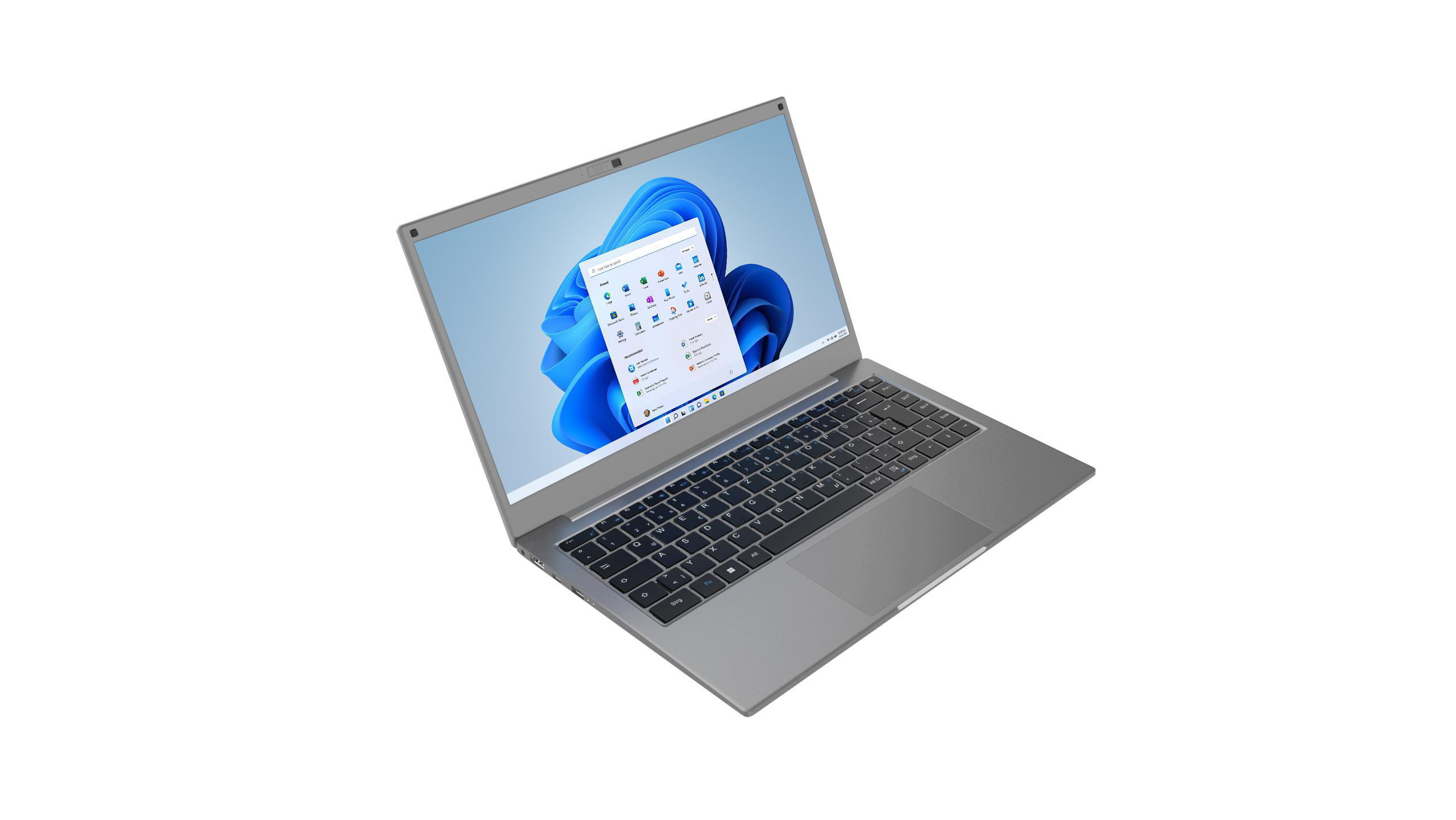 Ein graues Laptop, schräg geöffnet, zeigt eine Windows-Oberfläche auf dem Bildschirm.