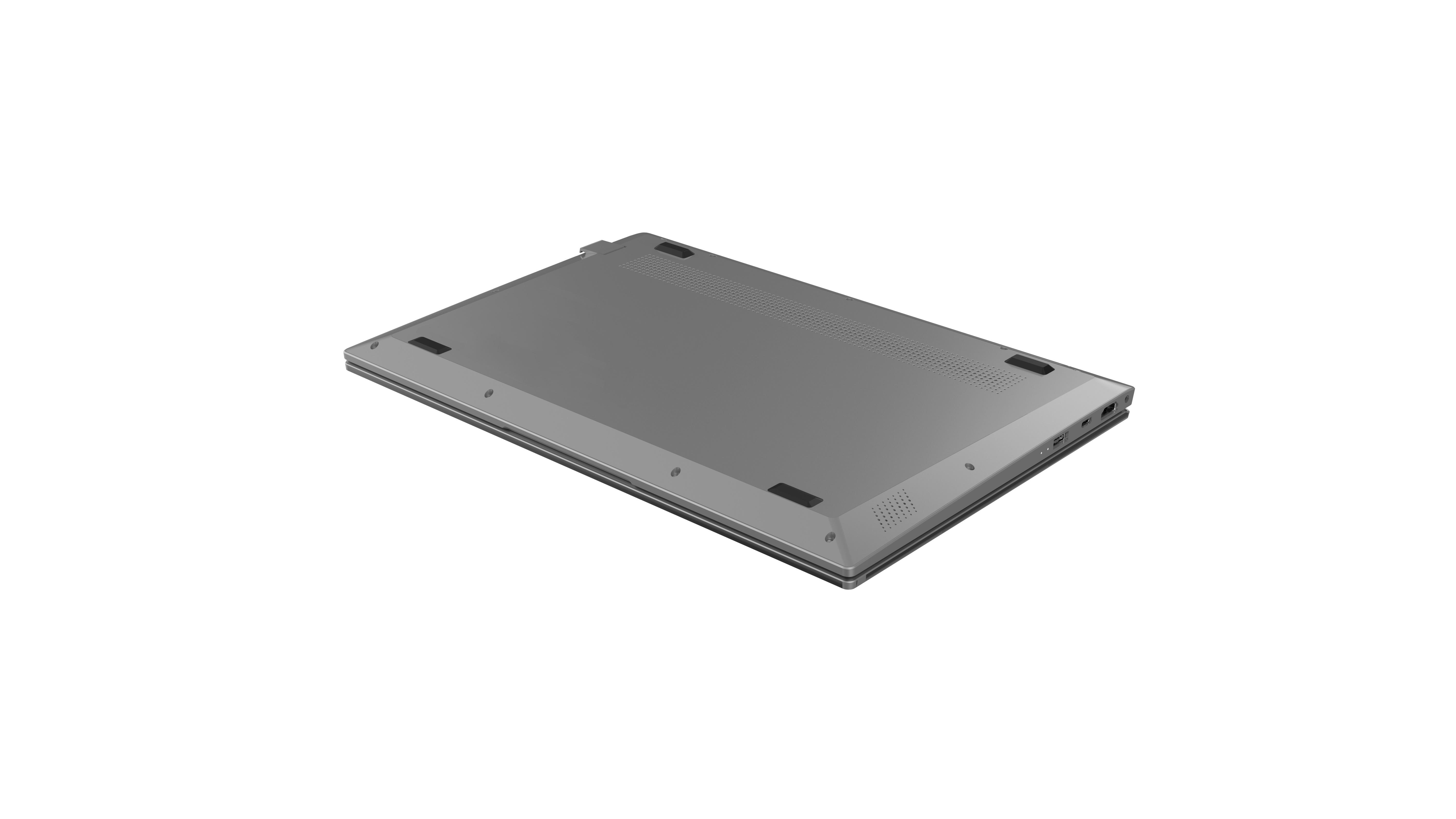 Graue Laptop-Unteransicht, zeigt Lüftungsschlitze und Anschlüsse. Die Oberfläche ist schlicht und hell.