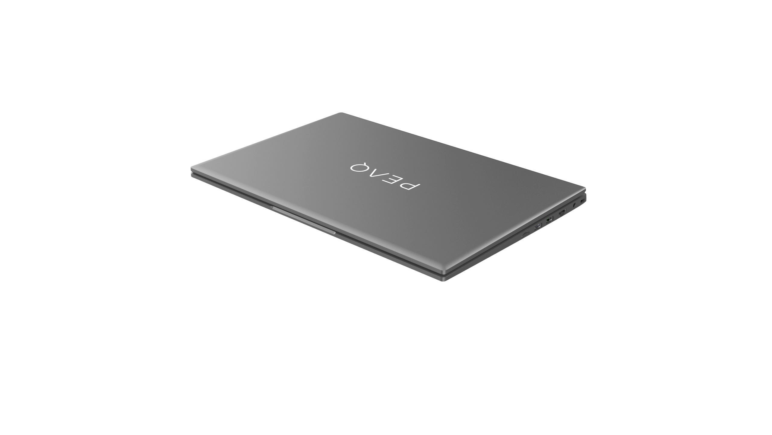 Silberner Laptop mit 'PEAQ'-Logo auf weißem Hintergrund.