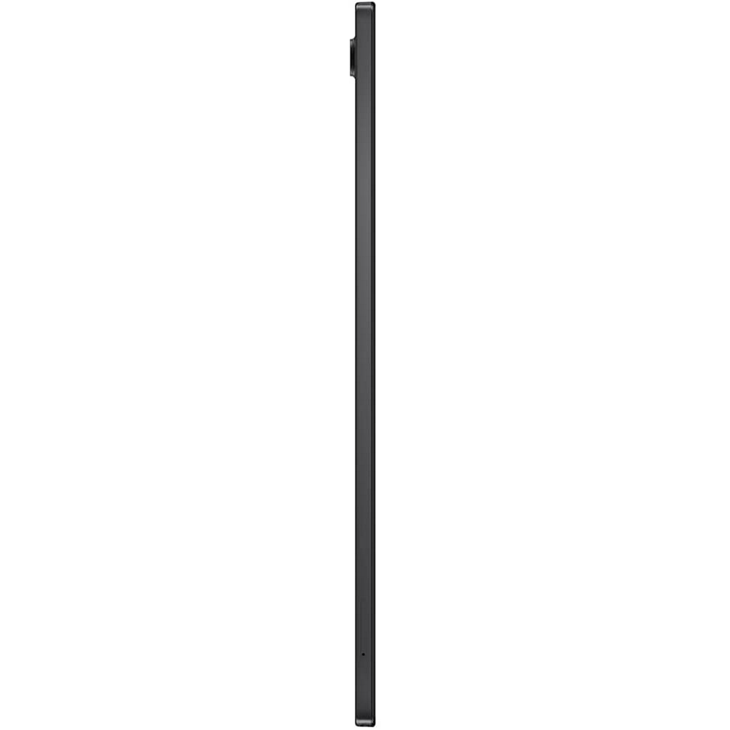 Vista lateral de tableta negra sobre fondo blanco. Diseño elegante y minimalista.