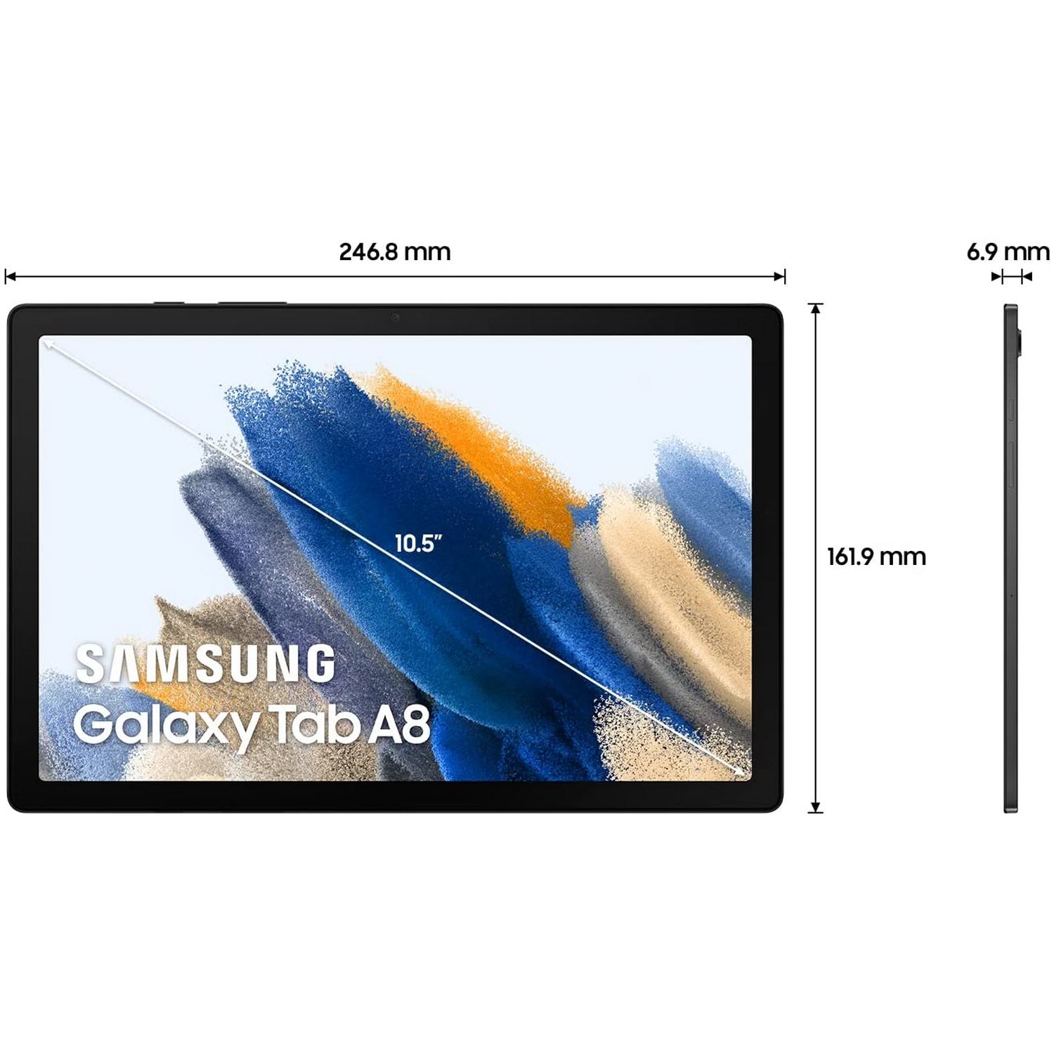 Una tableta con pantalla azul y morada se muestra con medidas.