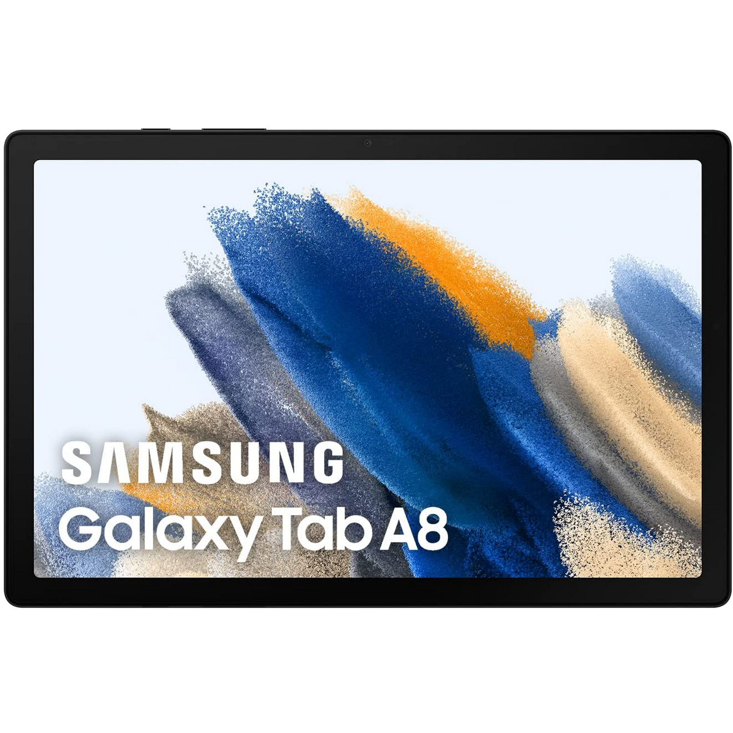 Tableta Samsung Galaxy Tab A8. Marco negro, pantalla con arte abstracto. Nombre de la marca visible.
