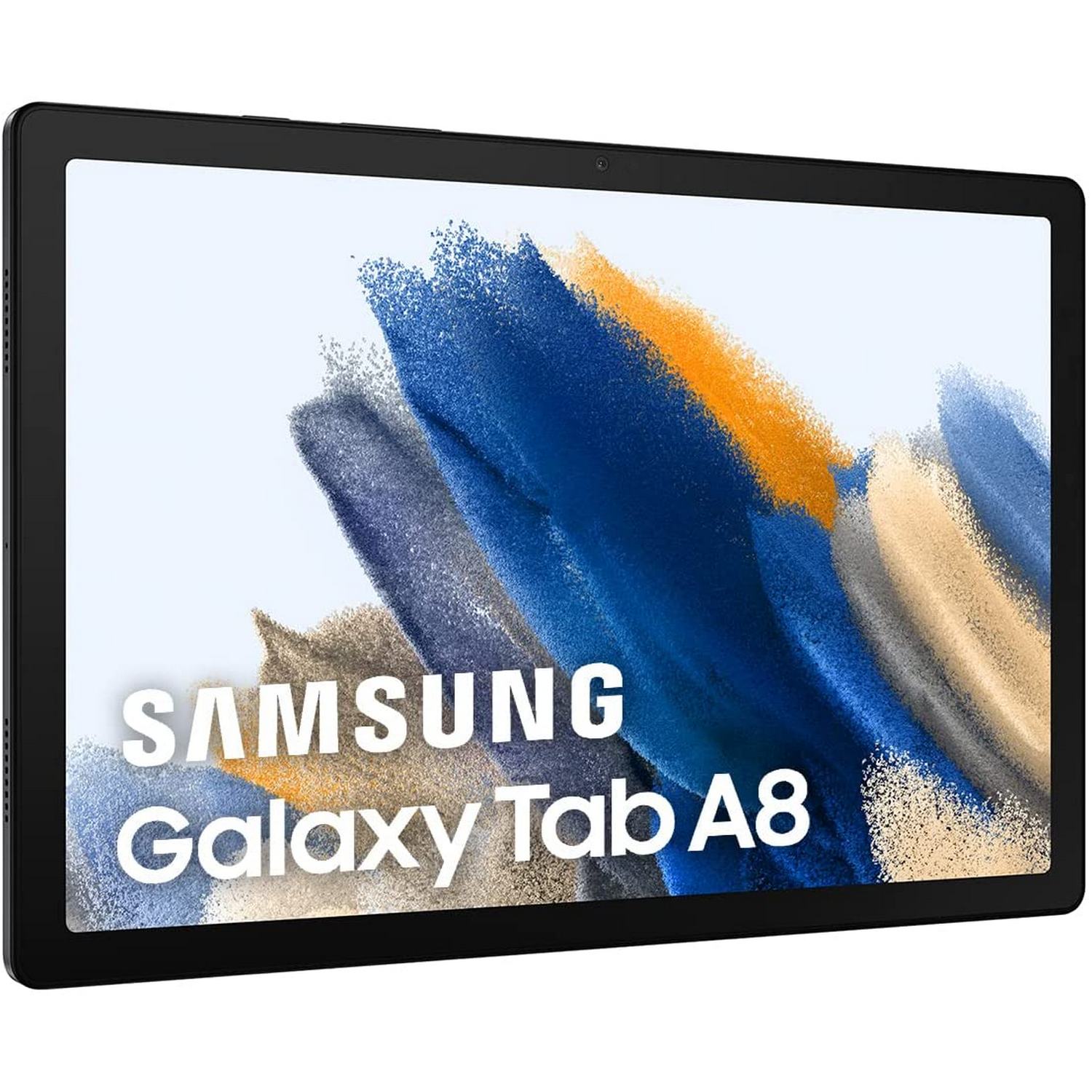 Tableta negra Samsung Galaxy Tab A8 con un fondo abstracto colorido.