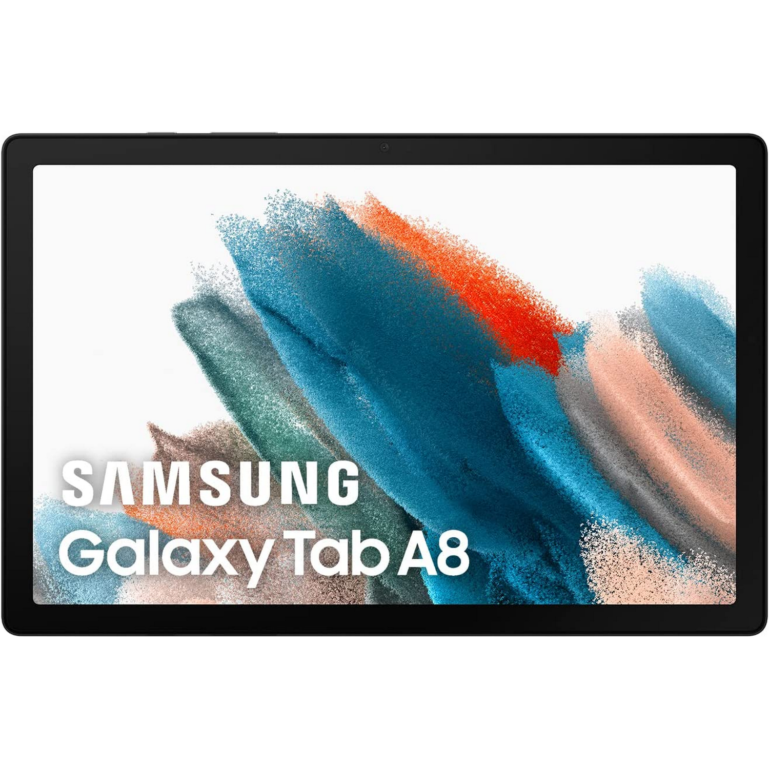 Tableta Samsung Galaxy Tab A8 sobre una superficie blanca, la pantalla muestra formas coloridas.