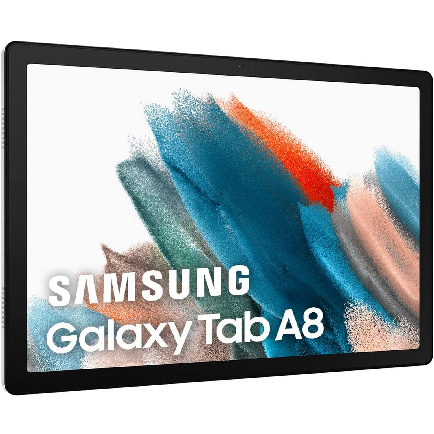 Tableta Samsung Galaxy Tab A8 negra con pantalla grande, mostrando una imagen abstracta colorida.