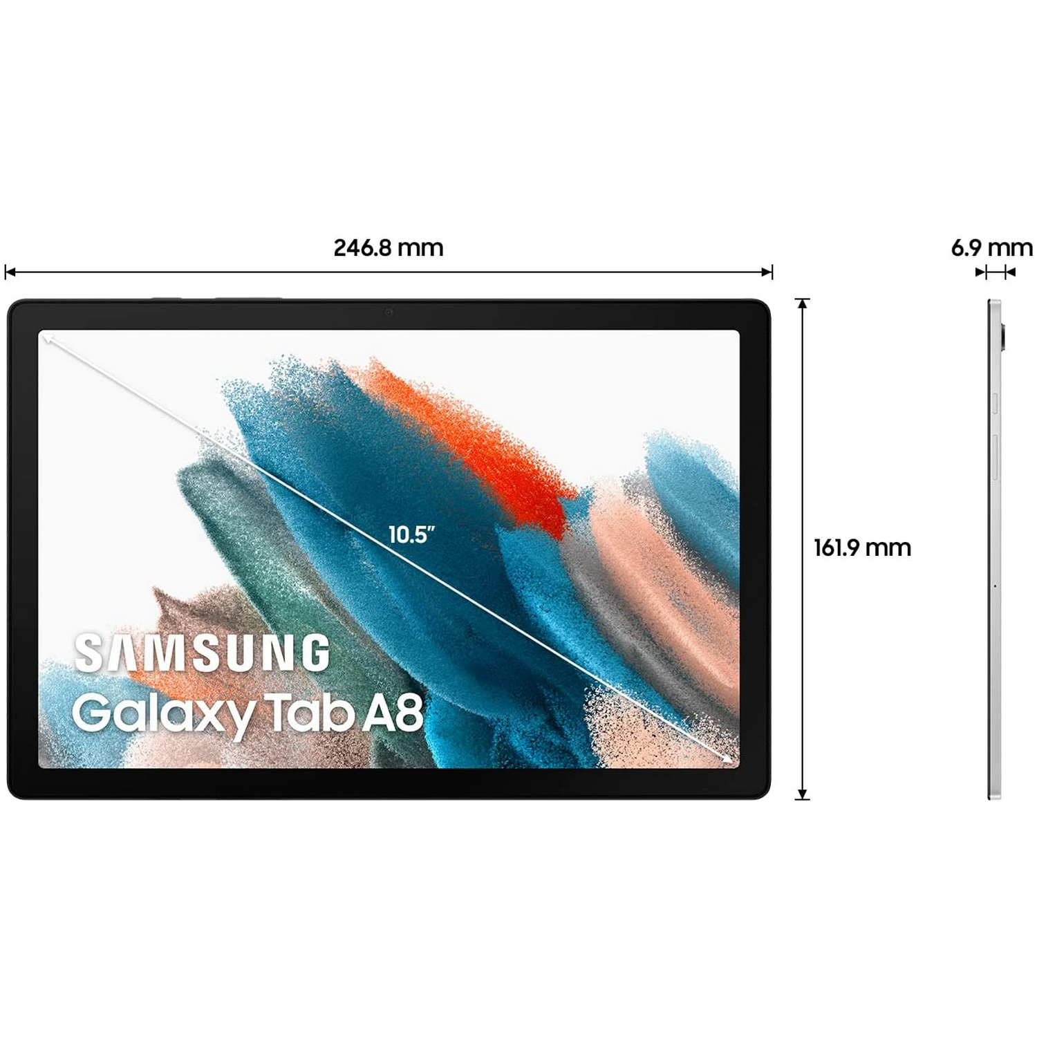 Tableta negra con el logotipo de Samsung Galaxy Tab A8, las dimensiones son visibles.