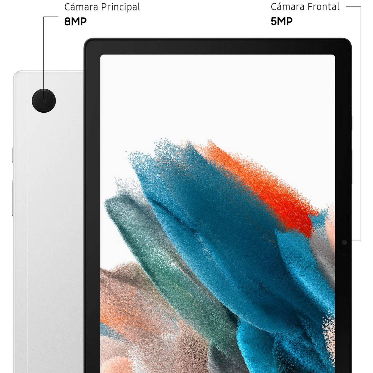 Tableta mostrando una pantalla con especificaciones de cámara principal y frontal, y una parte trasera blanca.