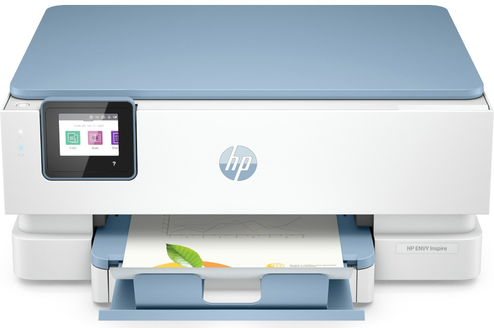 A white and blue HP printer with a screen displaying copy, scan, and other icons. A paper tray is open.