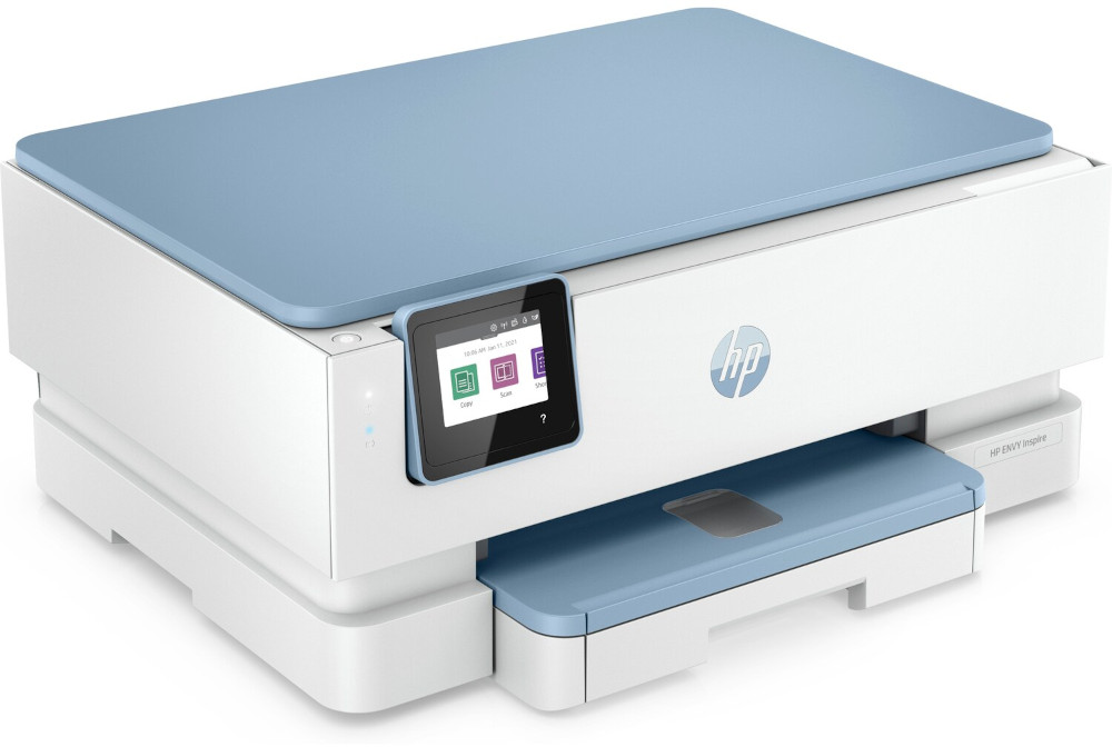 A white and light blue HP printer with a small screen and a paper tray, angled view.
