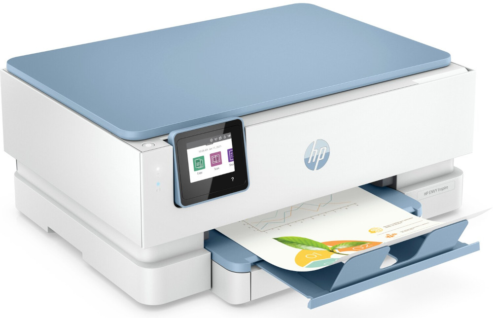 A white and blue HP printer with a screen and a paper output tray with a printed paper.