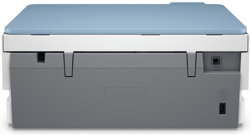 Back view of a white and gray printer with a blue top, showing ports and power plug.
