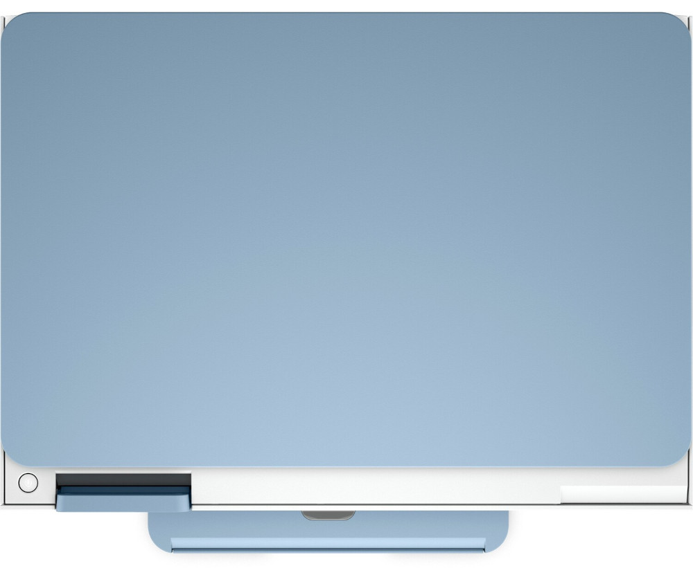 A light blue desk pad with a white base and a drawer underneath.