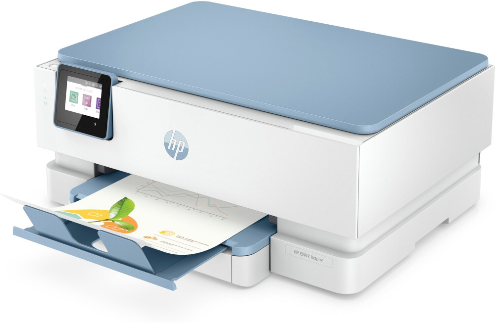 White and light blue HP ENVY Inspire printer with a printed sheet.