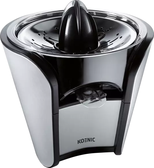 Juicer with a stainless steel body and black top. The Koenic brand is visible at the bottom.