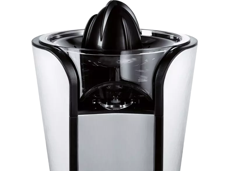 Close-up of a white and silver juicer.