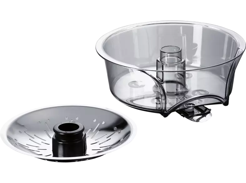 A clear food processor bowl and a perforated disc.