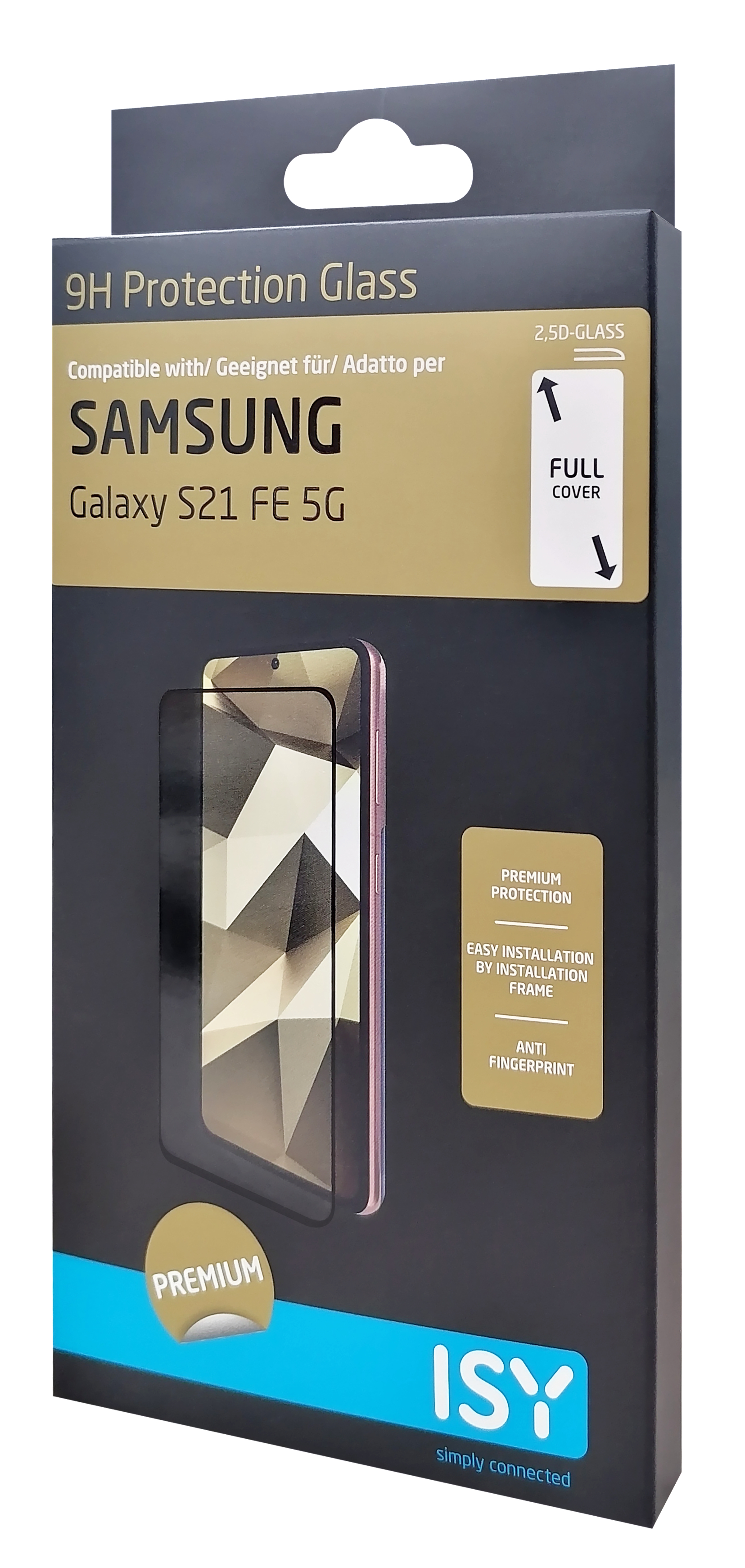 Schachtel für eine Samsung Galaxy S21 FE 5G Displayschutzfolie mit Telefonbild.