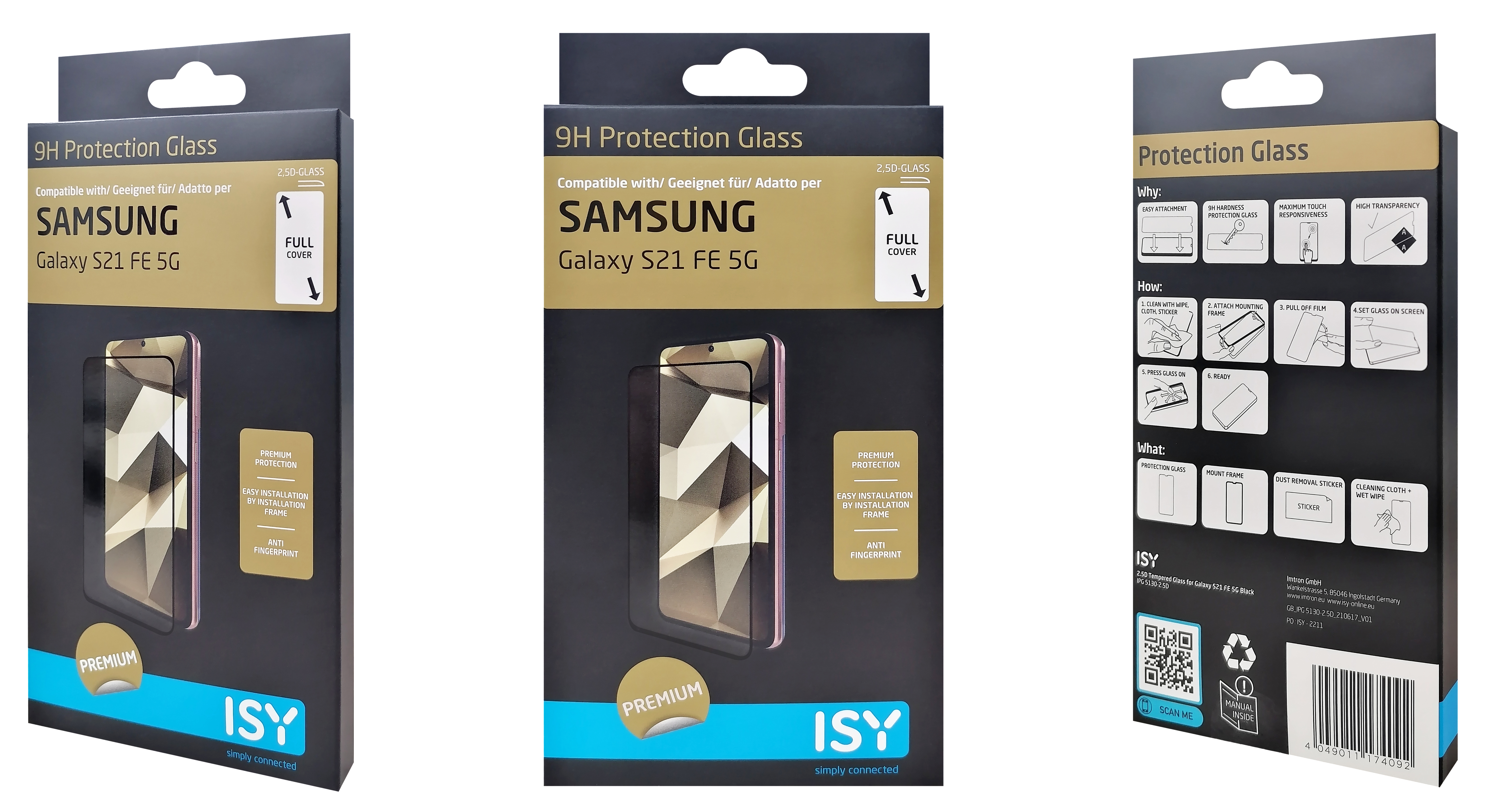 Drei Produktboxen für einen Displayschutz für Telefone, mit einem Telefonbild auf der Box.