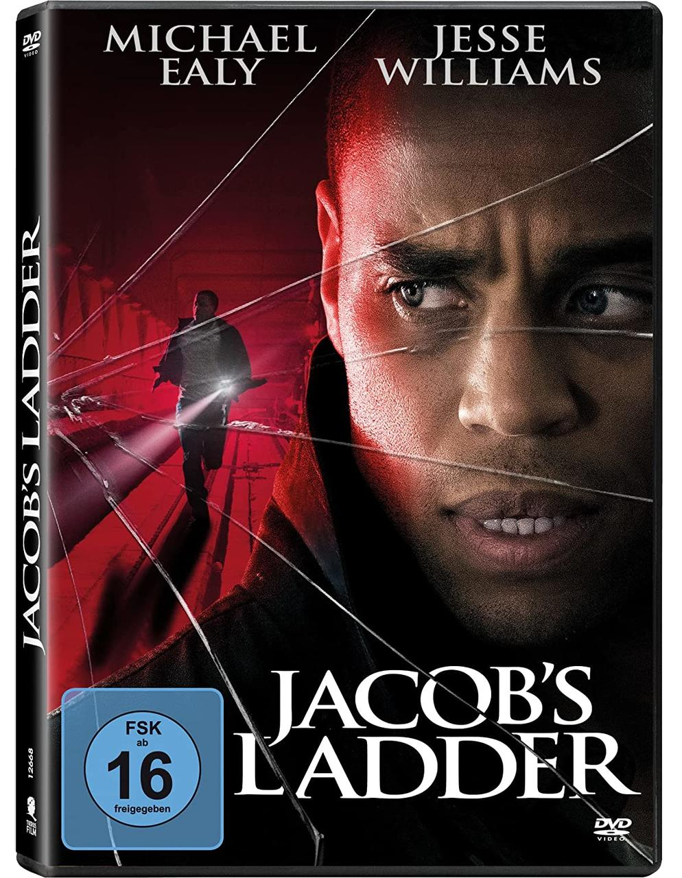 DVD-Cover für "Jacob's Ladder" mit Michael Ealy. Zeigt einen Mann in einem zerbrochenen Spiegel, roter Hintergrund.