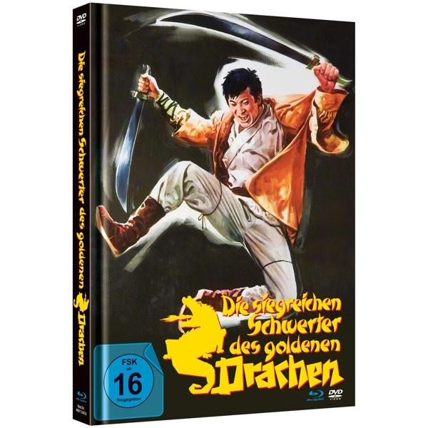 DVD-Cover für Die siegreichen Schwerter des goldenen Drachen. Ein Mann mit Schwertern.