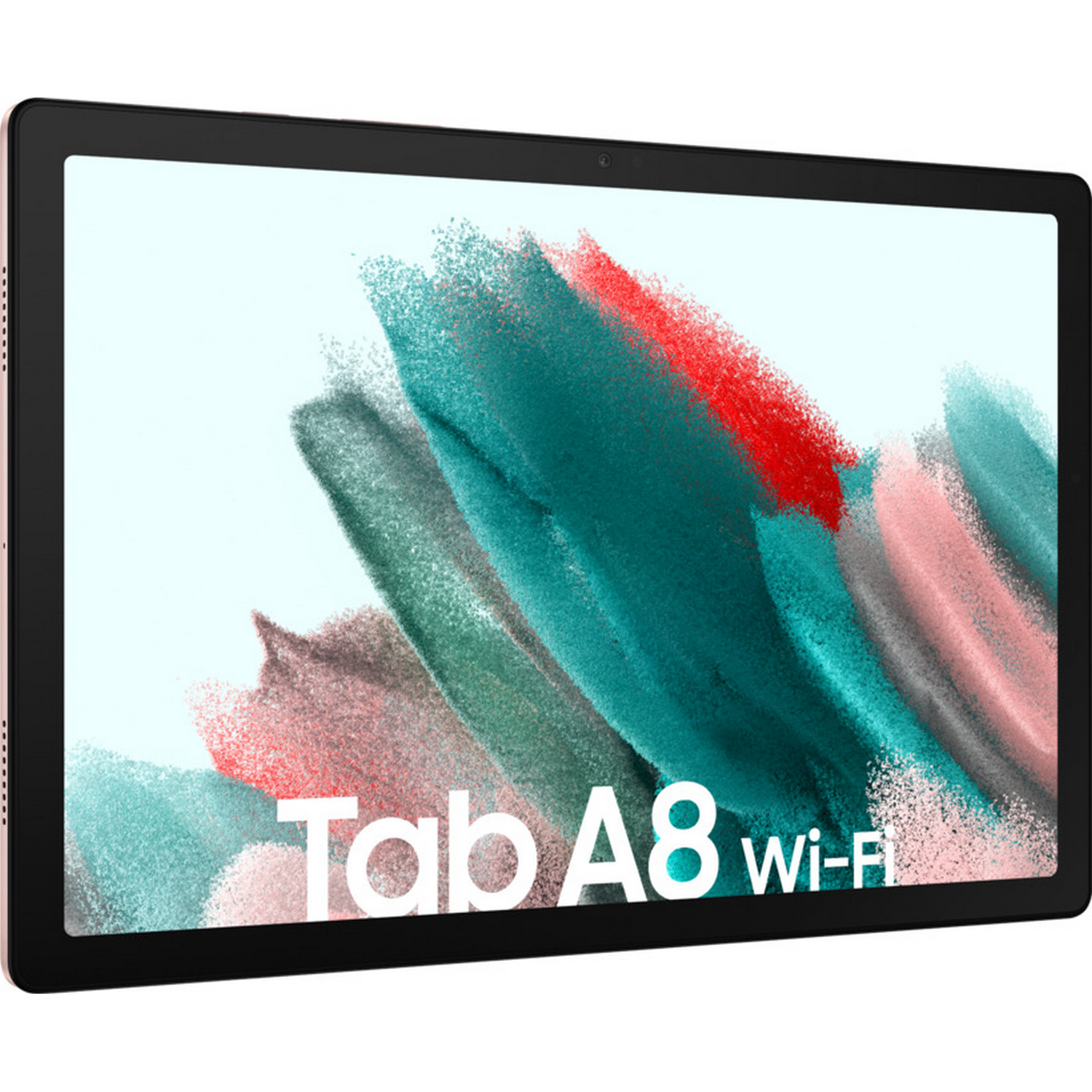 Una tableta negra con una pantalla colorida, que muestra las palabras 'Tab A8 Wi-Fi'.