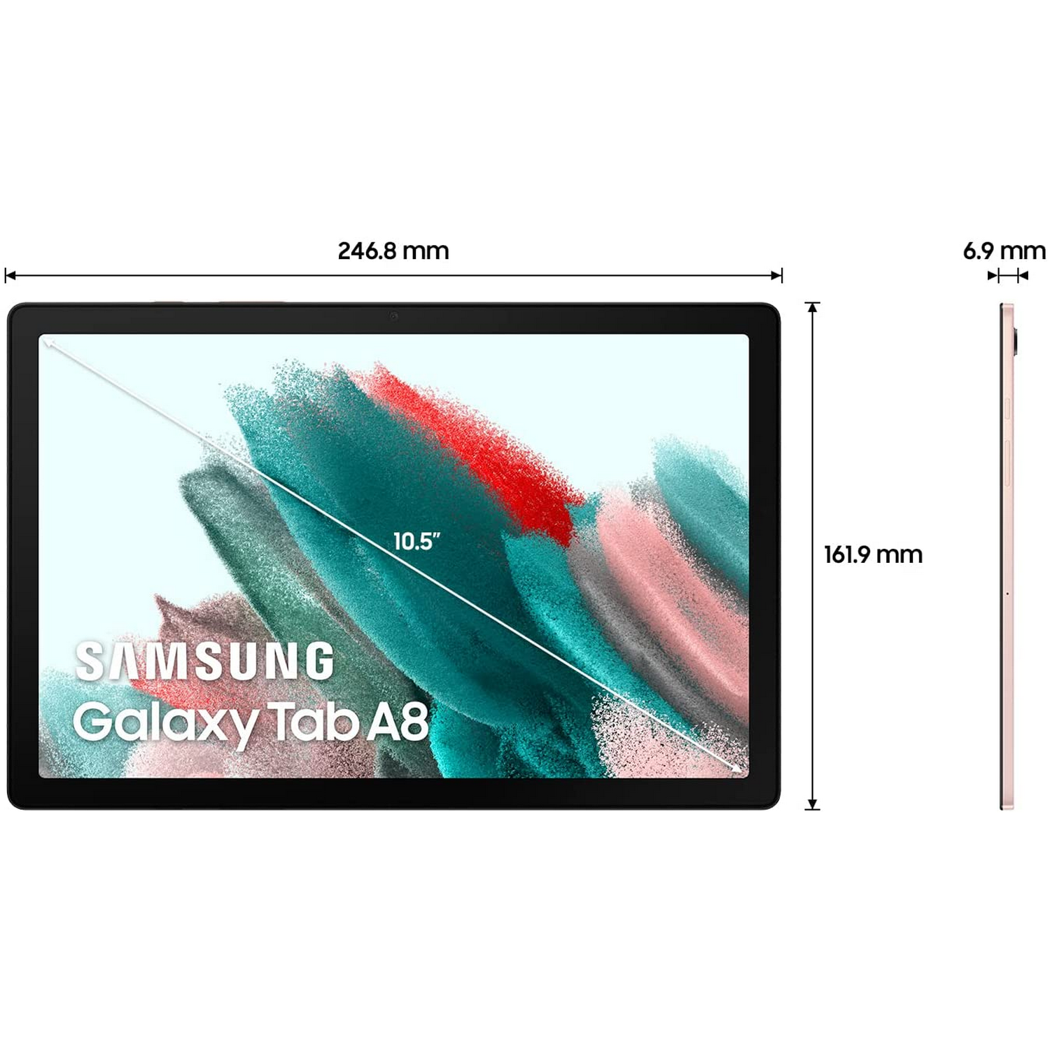 Tableta Samsung Galaxy Tab A8. Muestra la pantalla con dimensiones y vista lateral.