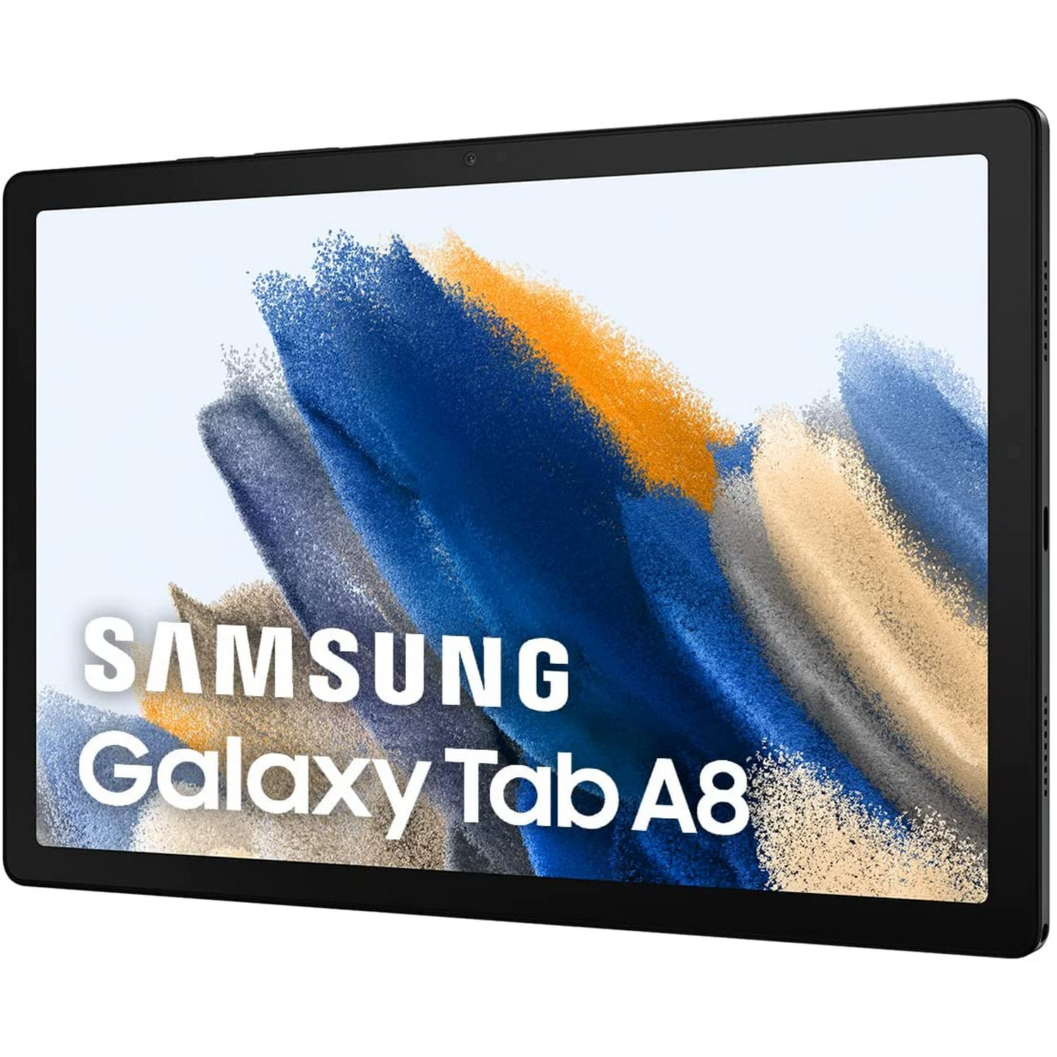 Una tableta Samsung Galaxy Tab A8 con marco negro, que muestra una pantalla de arte abstracto colorido.