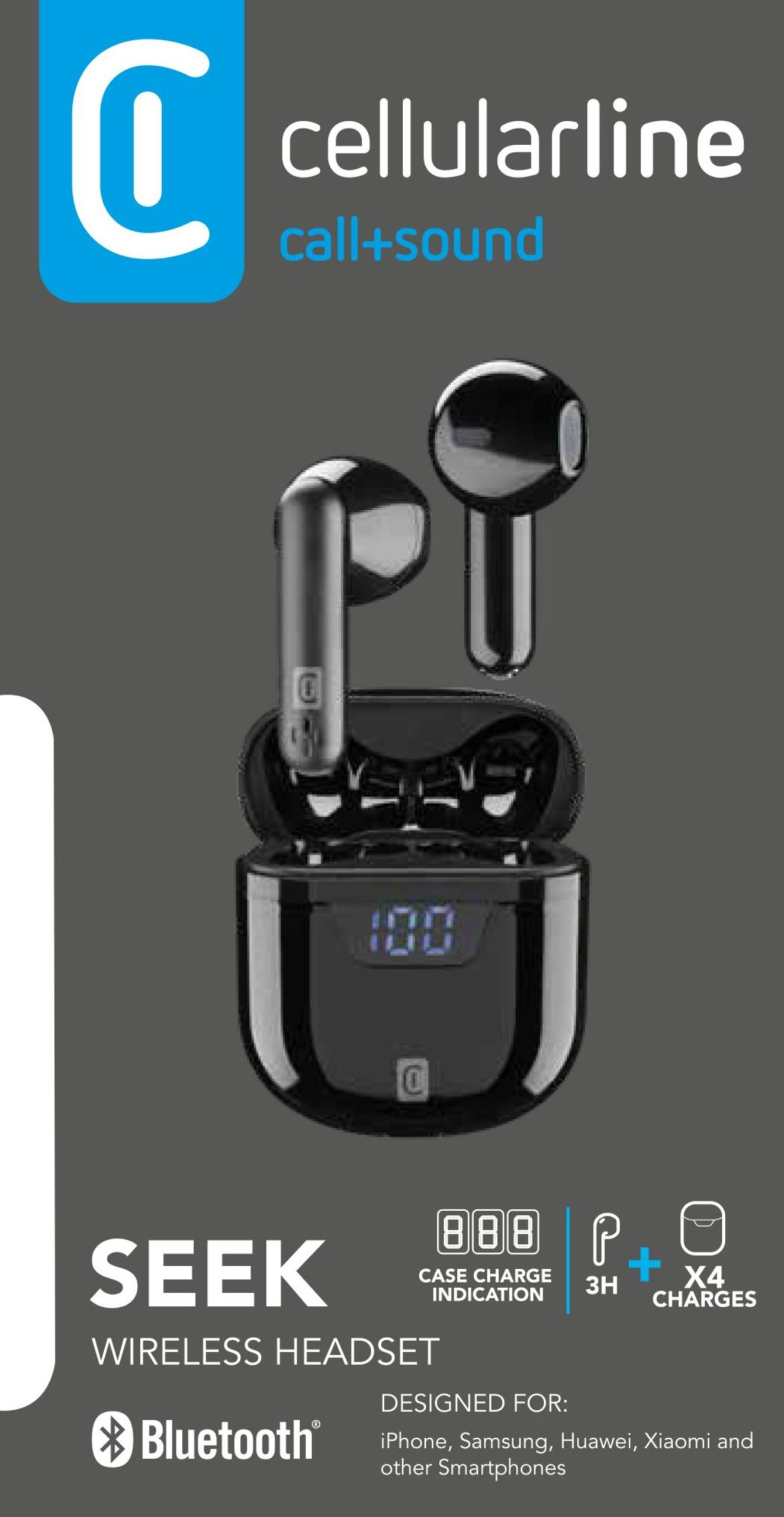 Schwarze kabellose Ohrhörer in einem Ladeetui. Text: 'Seek Wireless Headset'. Bluetooth-Logo.