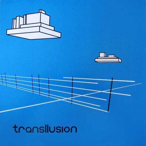 Albumcover mit abstrakten geometrischen Formen auf blauem Hintergrund, weißer Text.