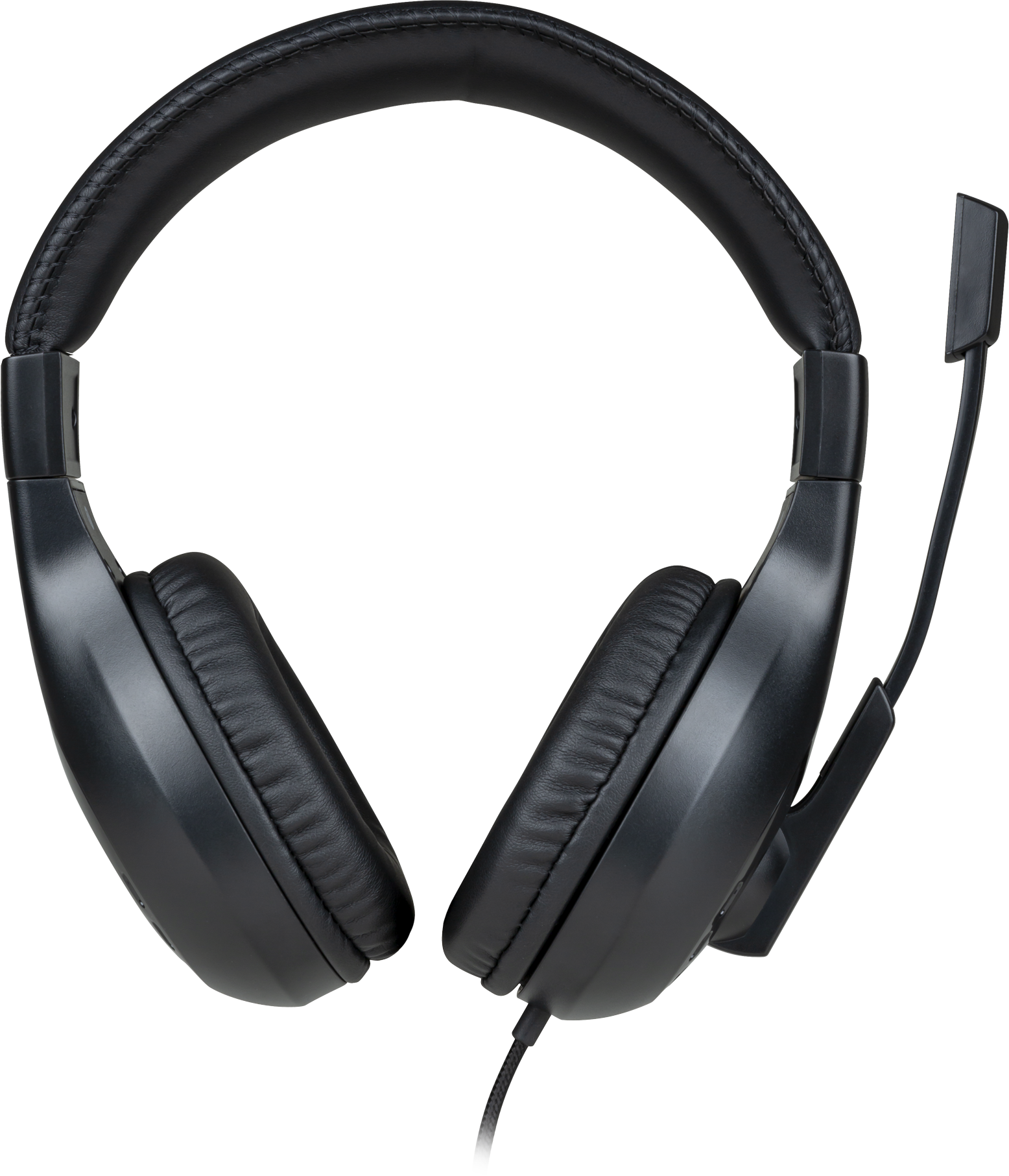 Fekete headset mikrofonnal, fekete háttér előtt.