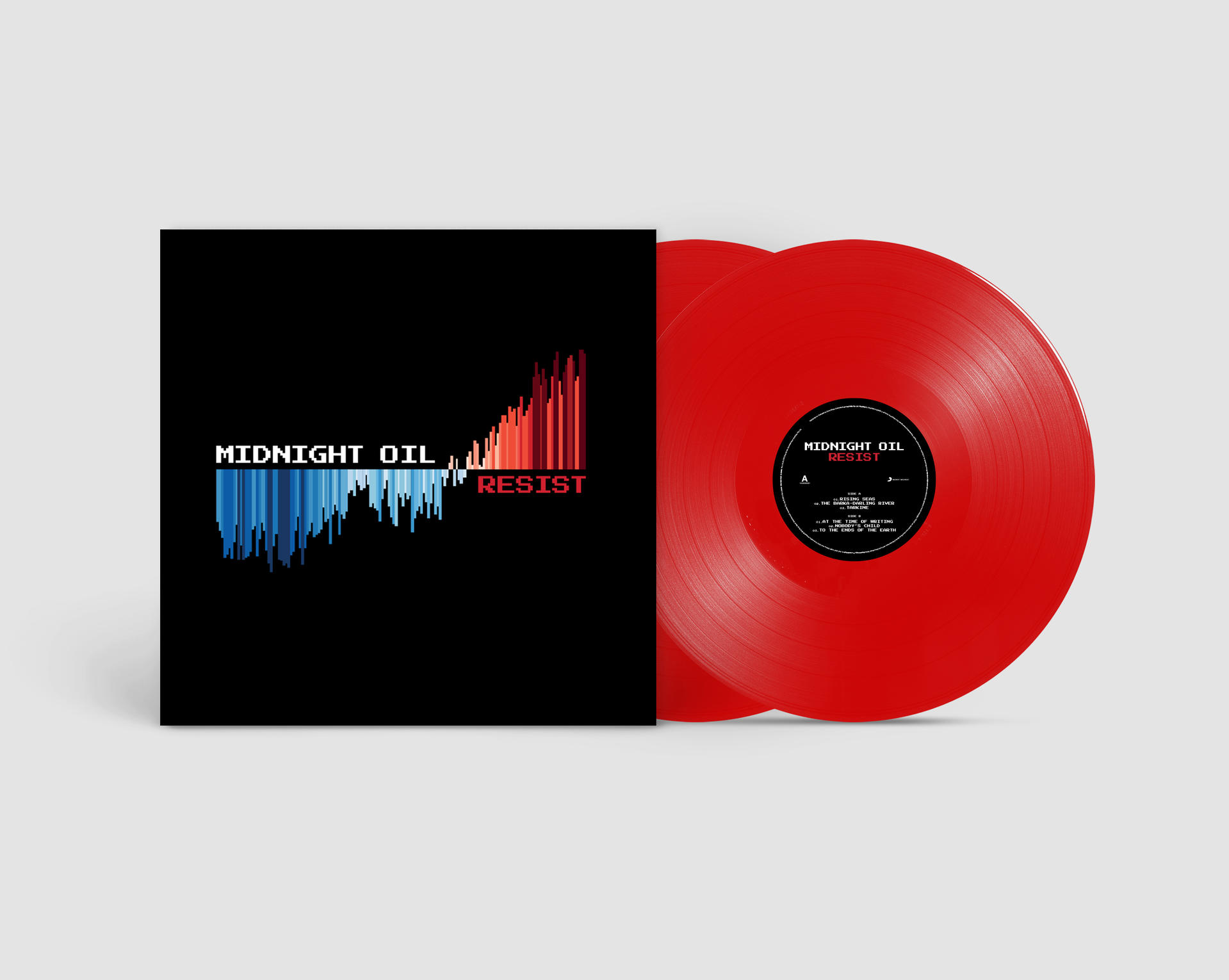 Zwei rote Schallplatten mit Albumcover, Text wird angezeigt.
