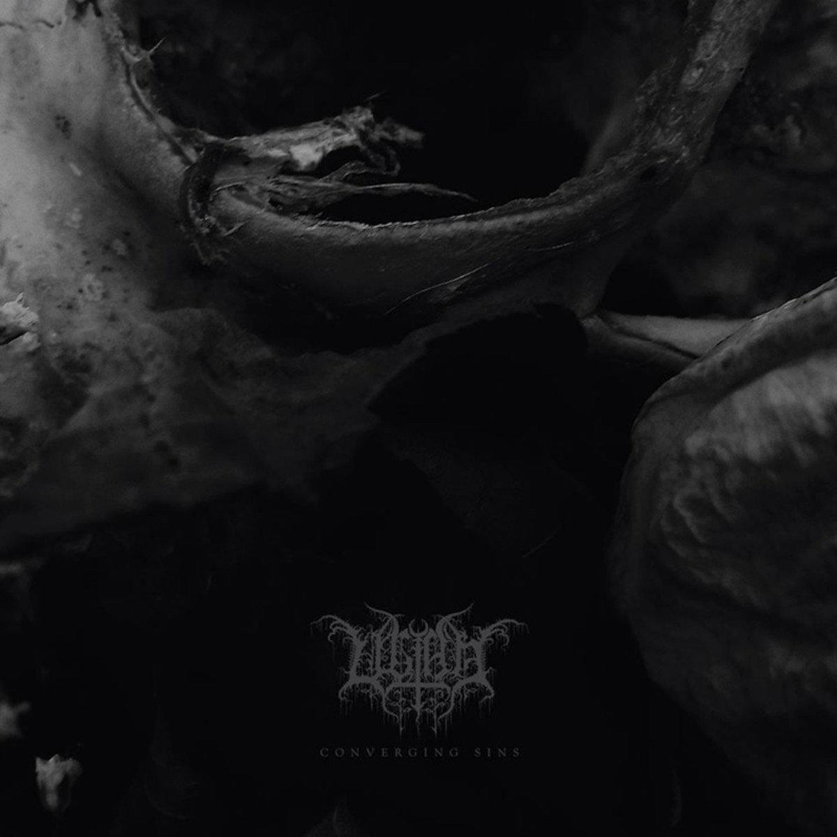 Monochromes Bild eines Schädels mit dem Text "Converging Sins" und einem Logo.