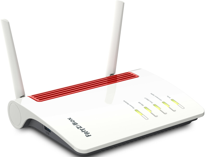 Router bianco e rosso con due antenne. Ha diverse luci verdi e gialle e porte.