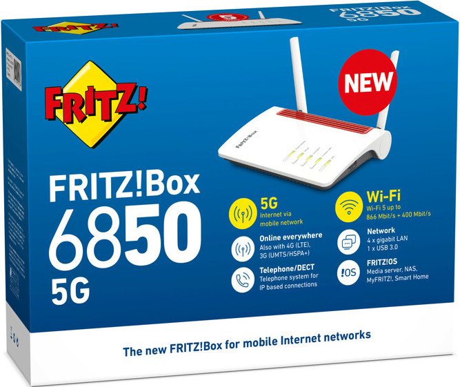Una scatola blu e bianca per un router FRITZ!Box, con dettagli e caratteristiche del prodotto.