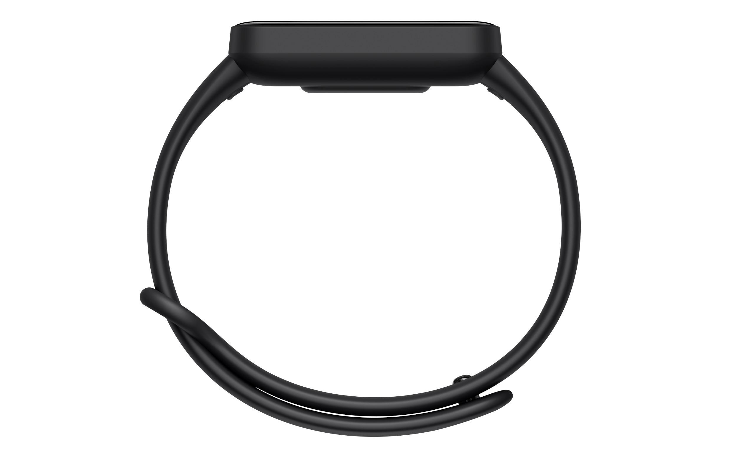 Eine schwarze Smartwatch mit rechteckigem Zifferblatt und schwarzem Armband.