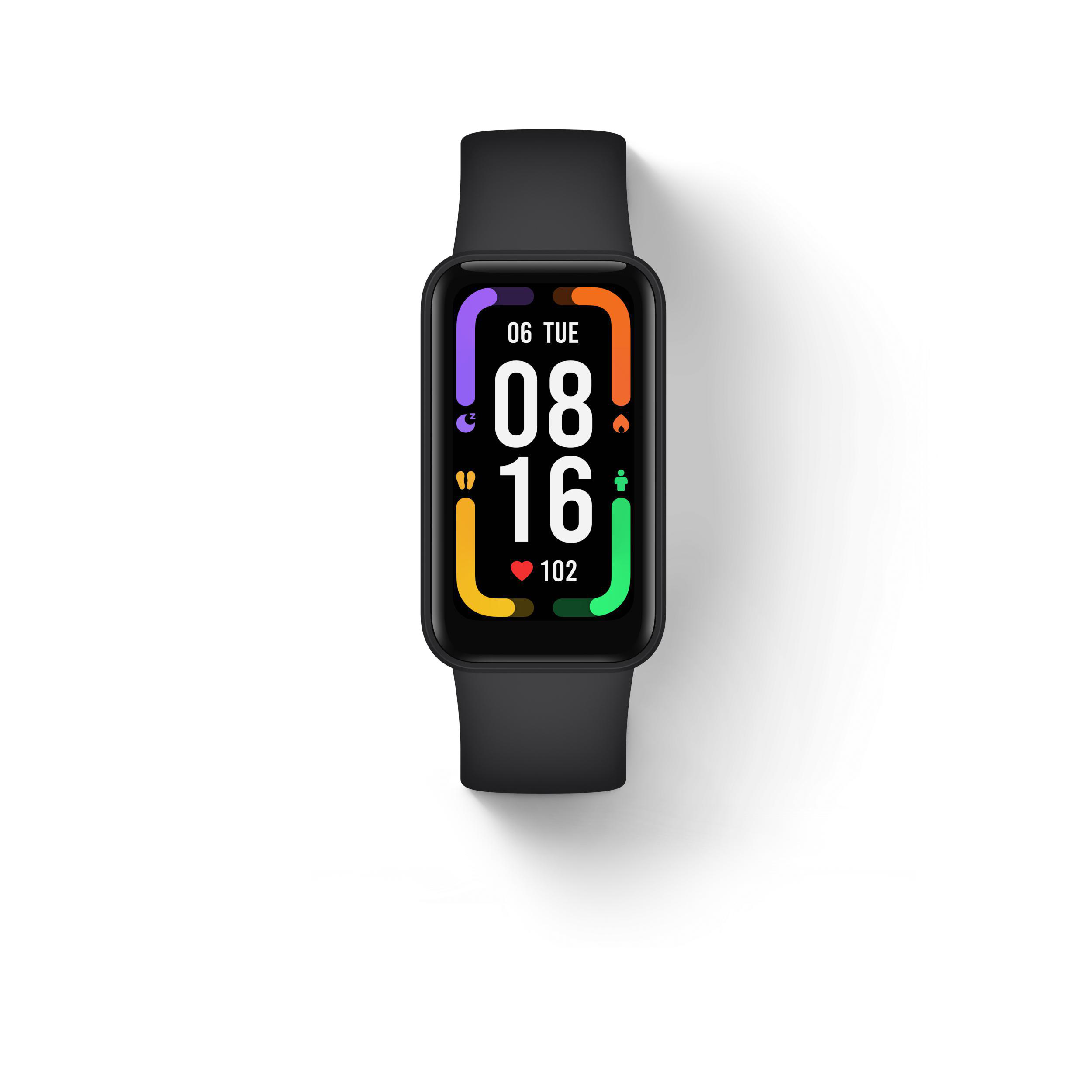 Schwarzer Fitnesstracker mit Anzeige von Zeit, Datum, Herzfrequenz und Schritten.
