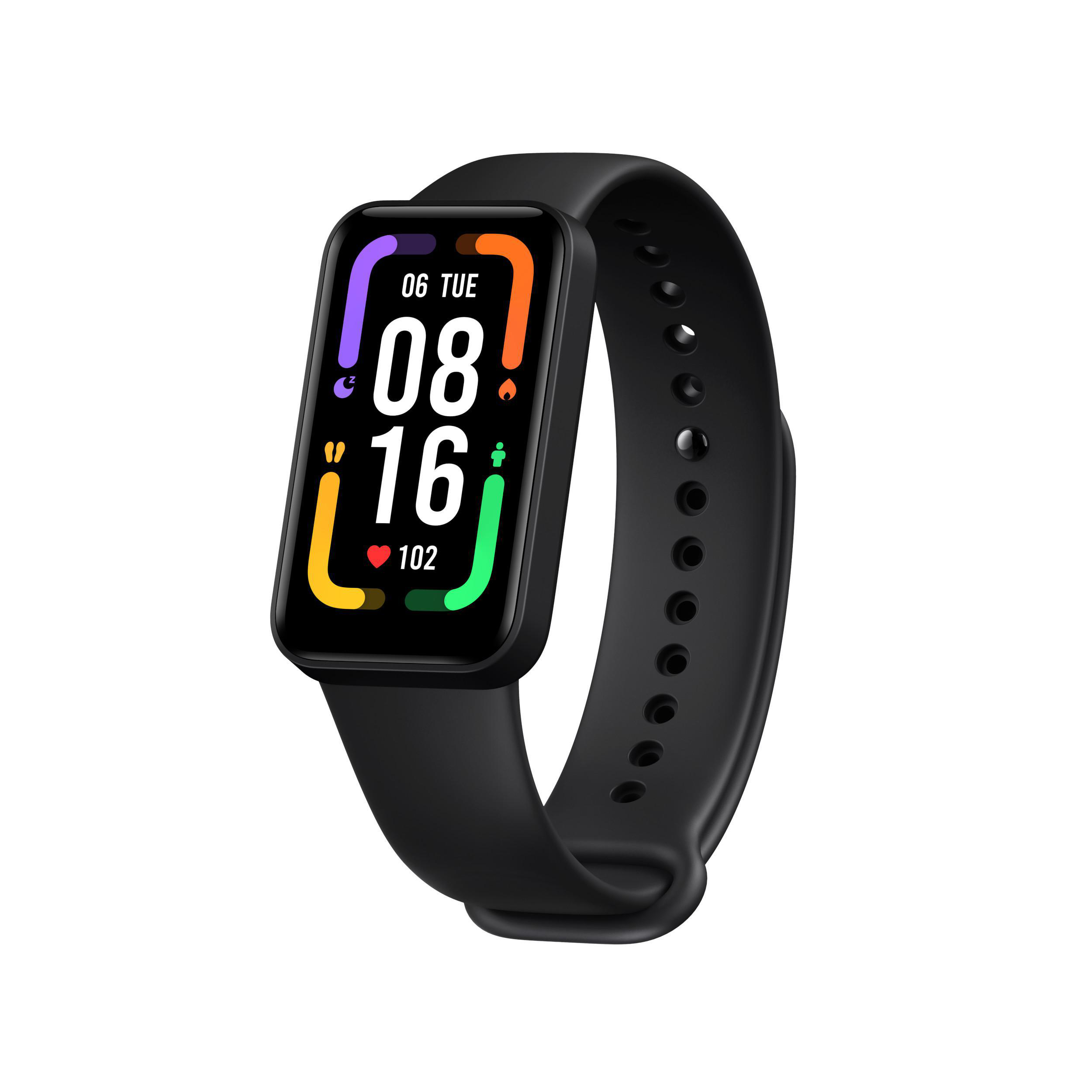Schwarze Smartwatch mit Uhrzeit, Datum und Herzfrequenz von 102.
