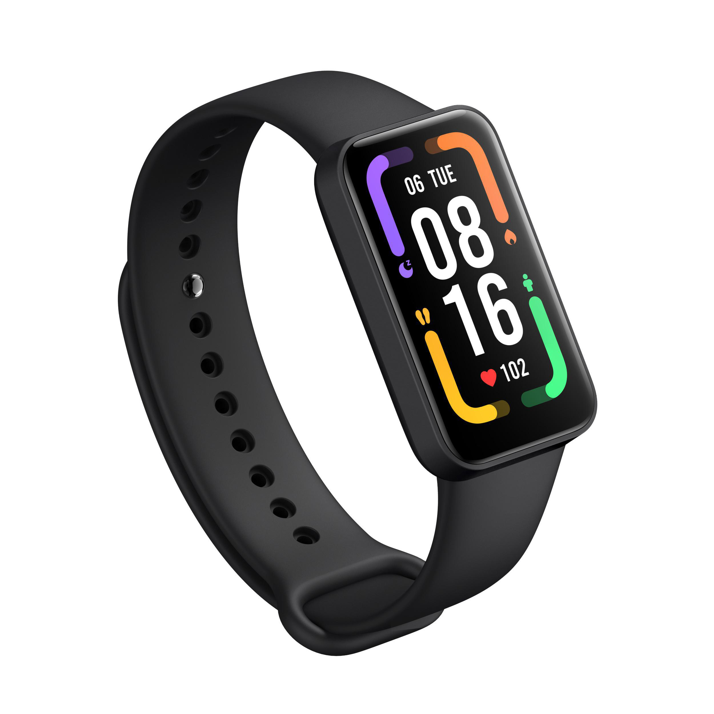 Eine schwarze Smartwatch mit einem farbenfrohen Display, das Zeit, Datum und Herzfrequenz anzeigt.