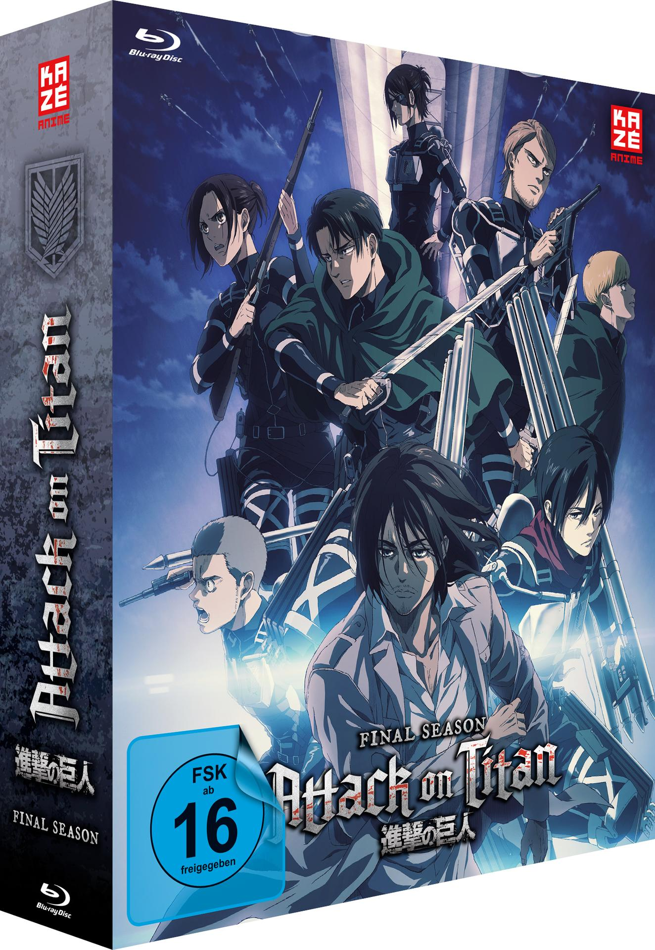Attack on Titan Final Season Blu-ray Box-Set. Enthält Anime-Charaktere und ein Blu-ray Disc-Label.
