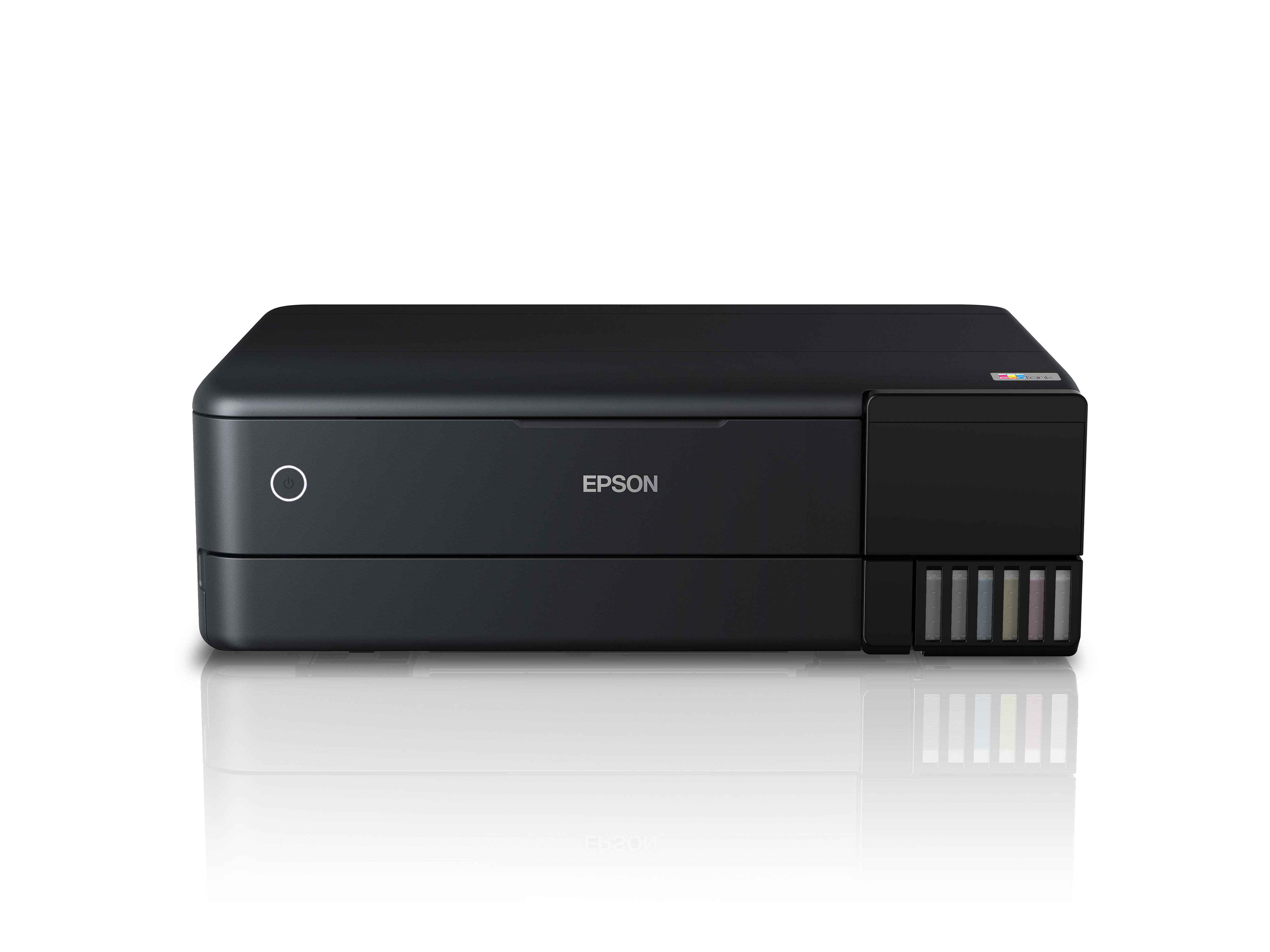 Görünür mürekkep tankları olan siyah Epson yazıcı. Beyaz bir yüzeyde. Şık ve modern tasarım.