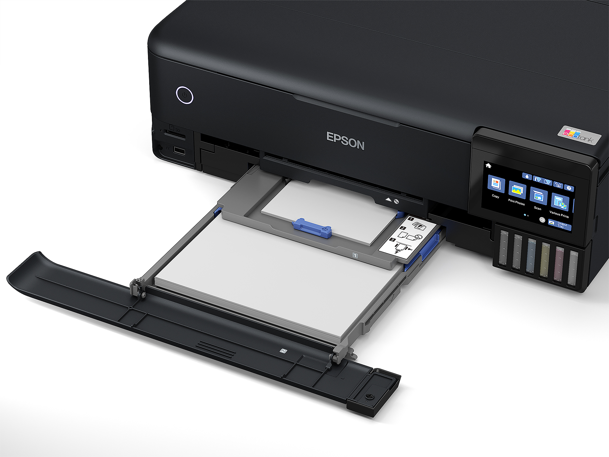 Siyah Epson yazıcı, kağıt tepsisi uzatılmış, yazıcının detaylarının yakın çekimini gösteriyor.