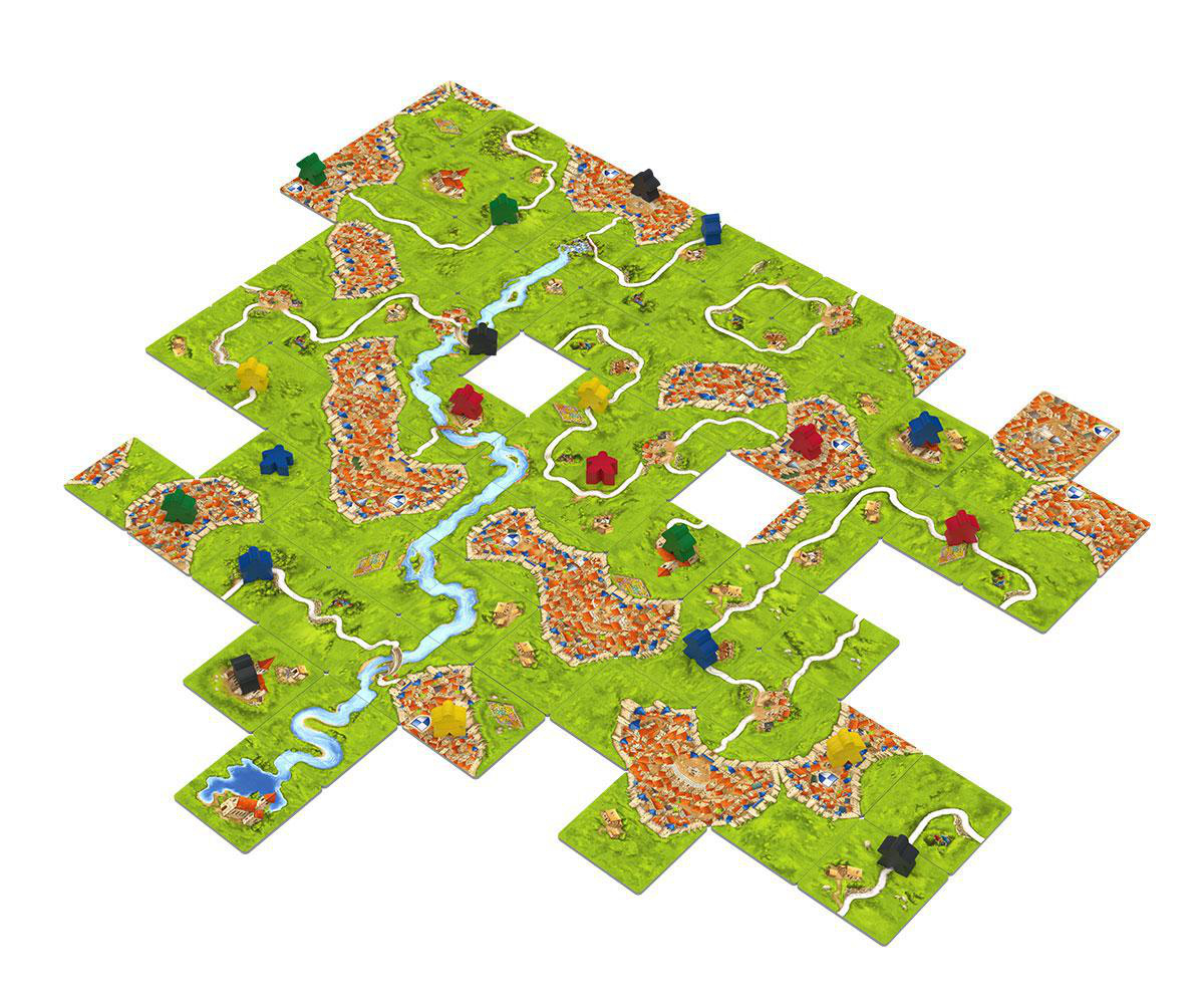 Carcassonne-Brettspiel mit Kacheln, die Straßen, Städte und Felder darstellen, mit Holzfiguren.