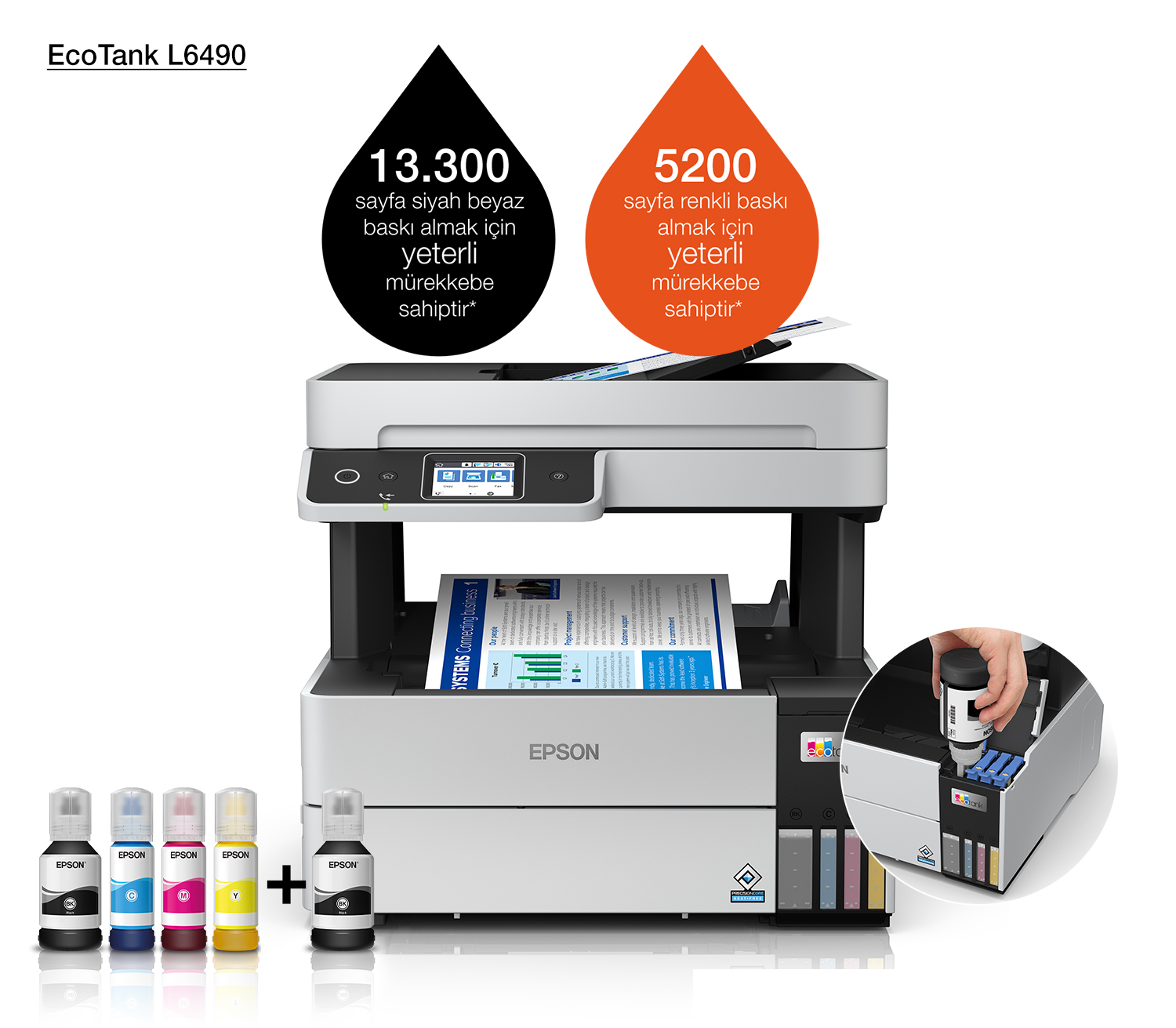 Epson EcoTank L6490 yazıcı, mürekkep şişeleri ve mürekkebi dolduran bir el ile.