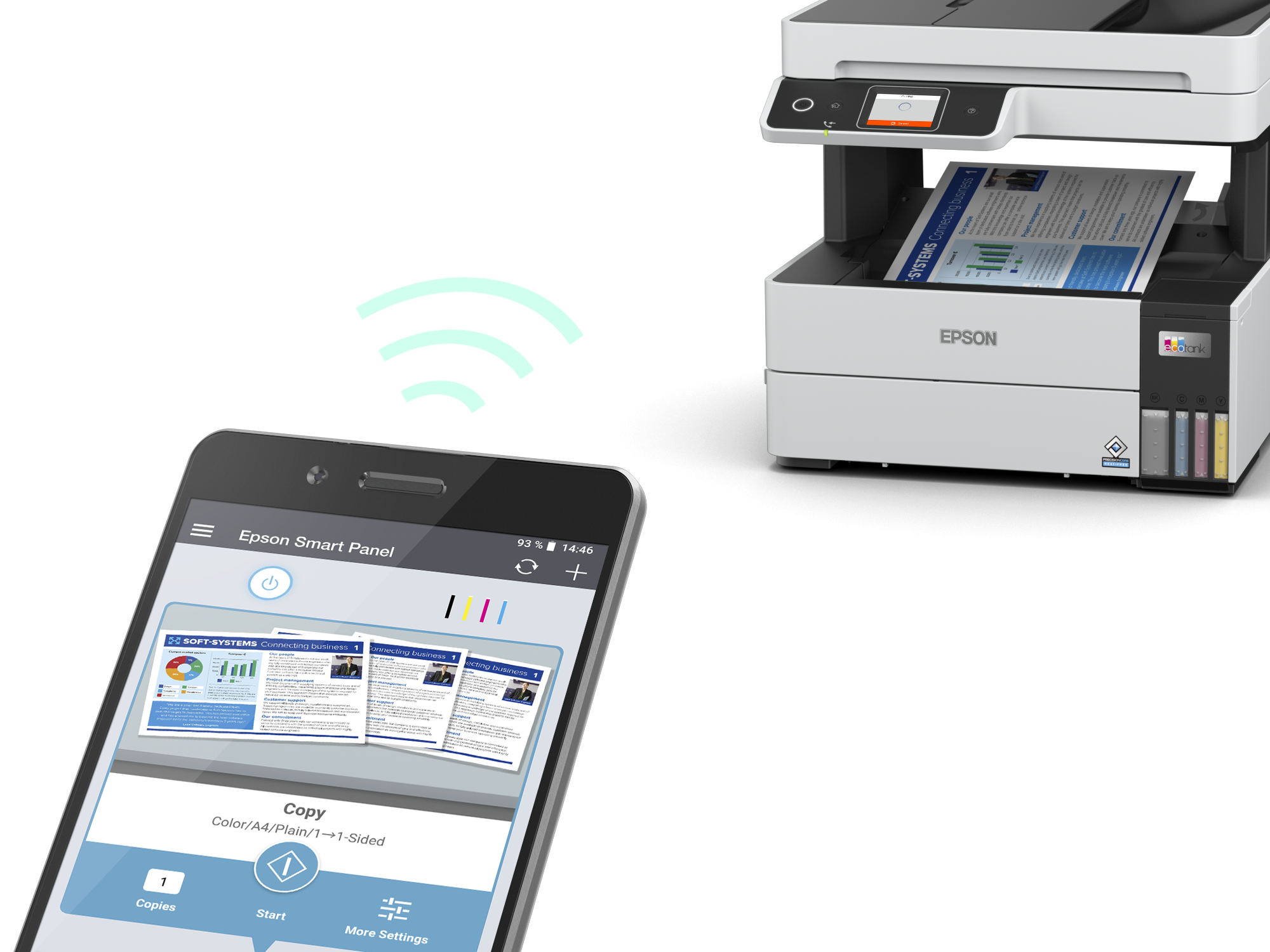 Epson yazıcı ve belge taramayı gösteren uygulama arayüzlü telefon.