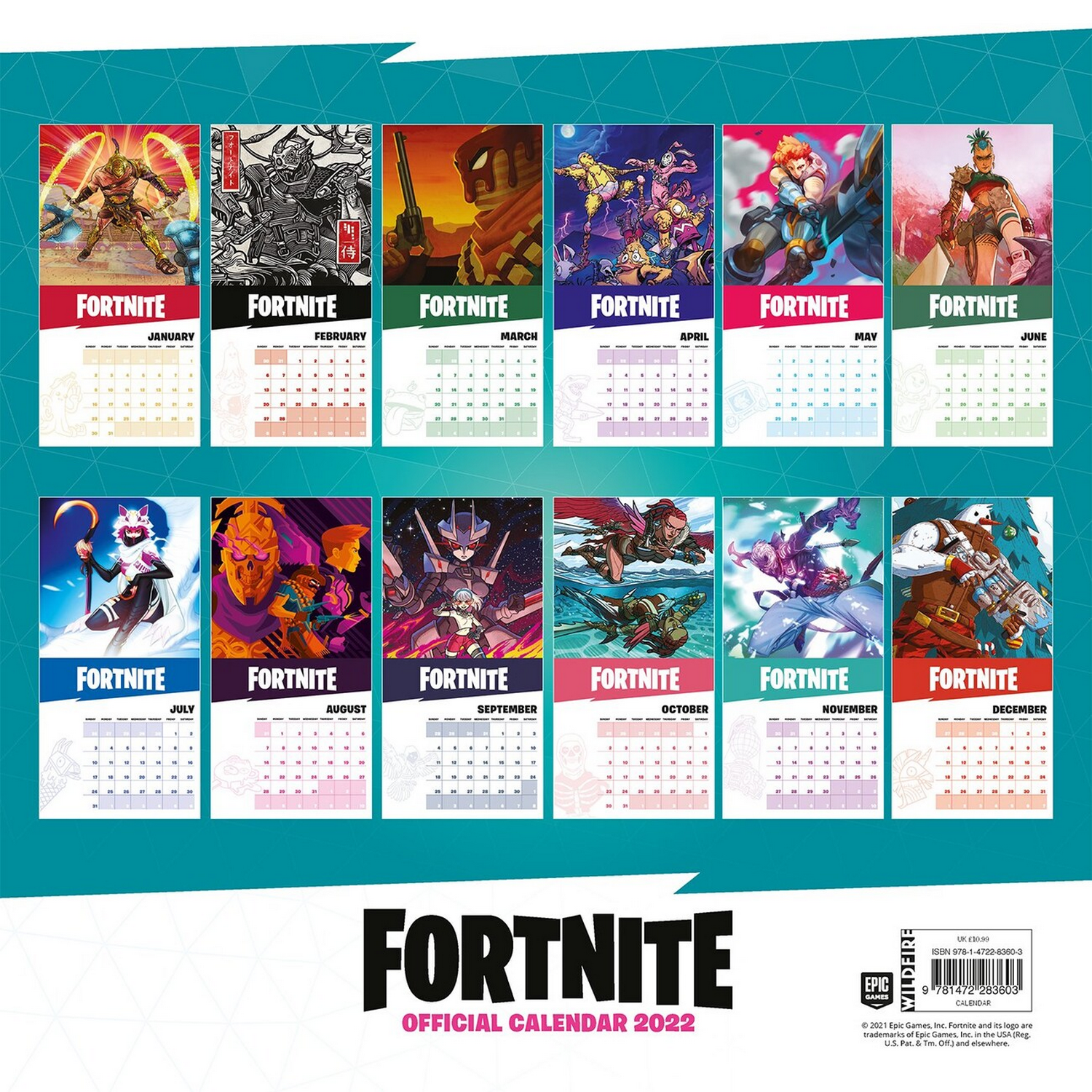 Calendario Fortnite 2022 con diferentes imágenes del juego para cada mes.