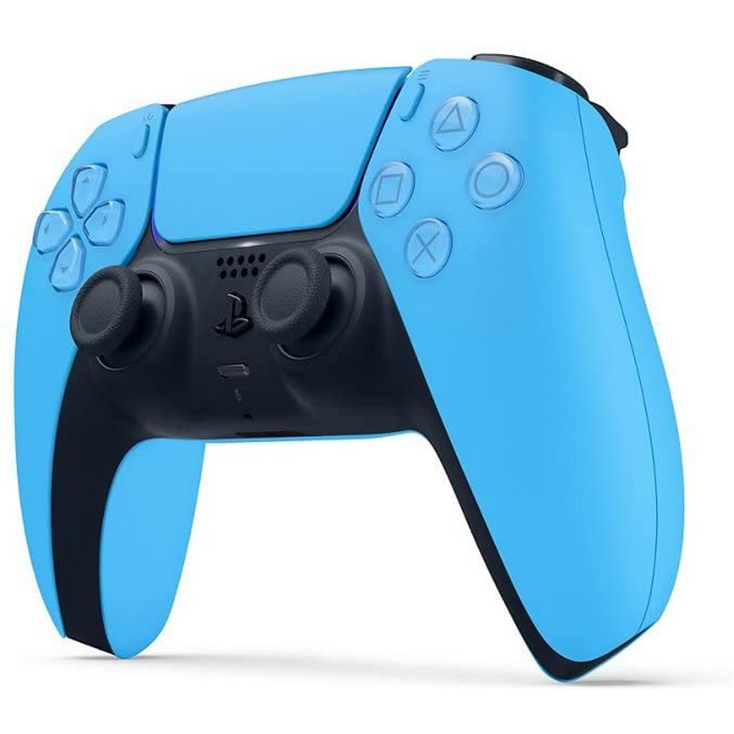 Mando de PlayStation 5 azul claro, vista frontal.
