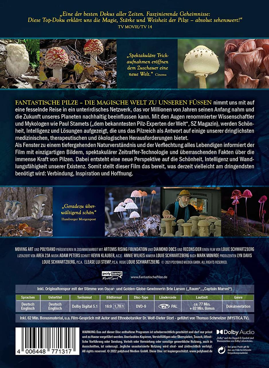 DVD-Cover mit Pilzbildern. Der Text enthält den Titel 'Fantastische Pilze - Die magische Welt'.