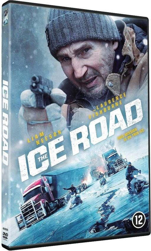 Boîtier DVD, jaquette du film. Liam Neeson sur The Ice Road, camions sur glace.