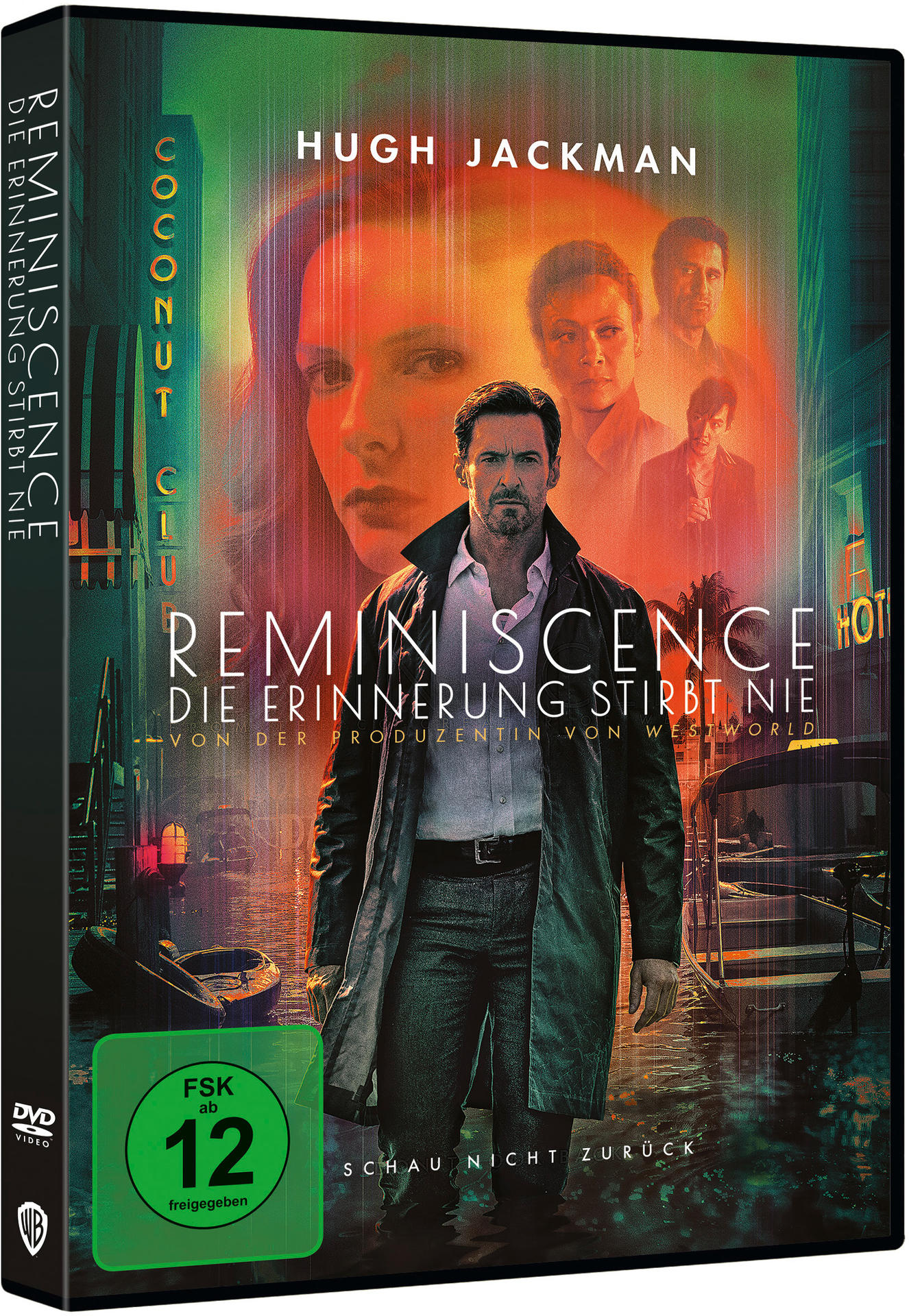 DVD-Hülle des Films Reminiscence mit Hugh Jackman. Filmplakat mit Schauspielern und Stadtlichtern.