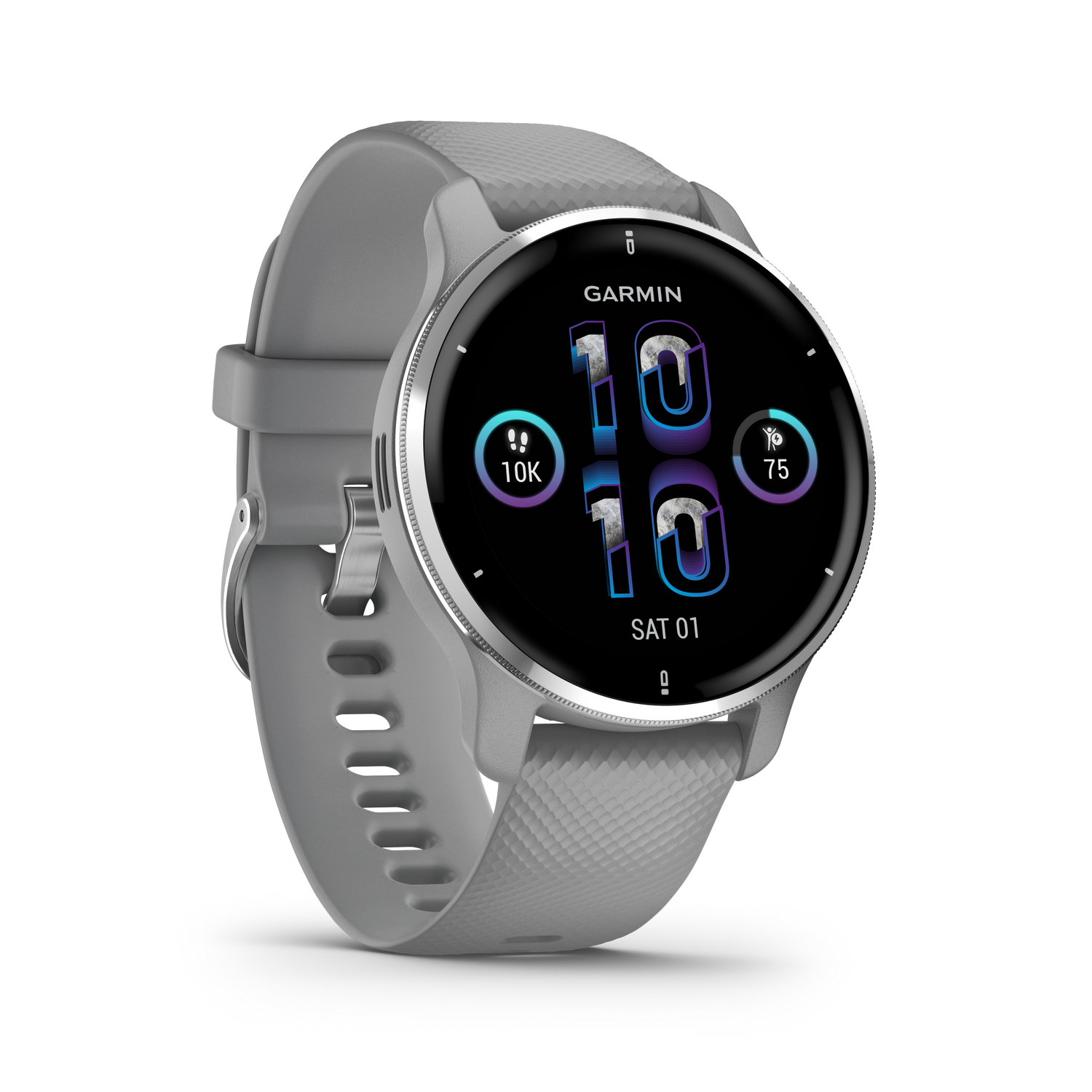Reloj inteligente Garmin gris mostrando hora, pasos y ritmo cardíaco, fondo negro.